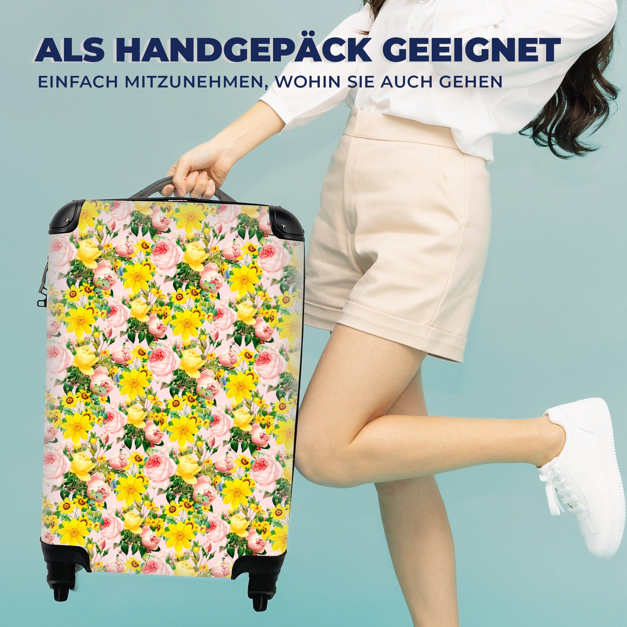 Reisekoffer Rollen, - Handgepäck Frühling, Handgepäckkoffer MuchoWow rollen, mit - Trolley, 4 Blumen für Rosen Ferien, Reisetasche