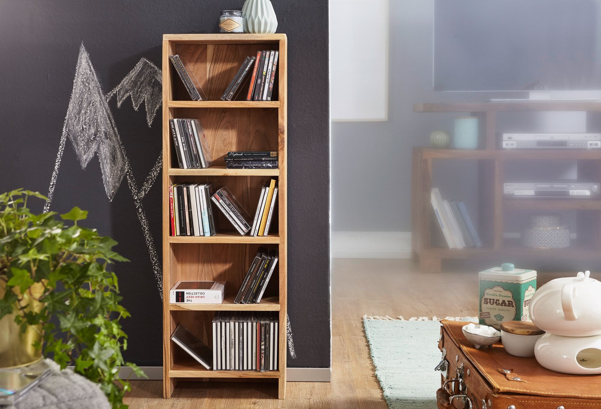 FineBuy CD Regal Massivholz Standregal 90 cm hoch CD-Aufbewahrung 5 Fächer Bücherregal Natur Landhaus-Stil – Bild 4 von 5