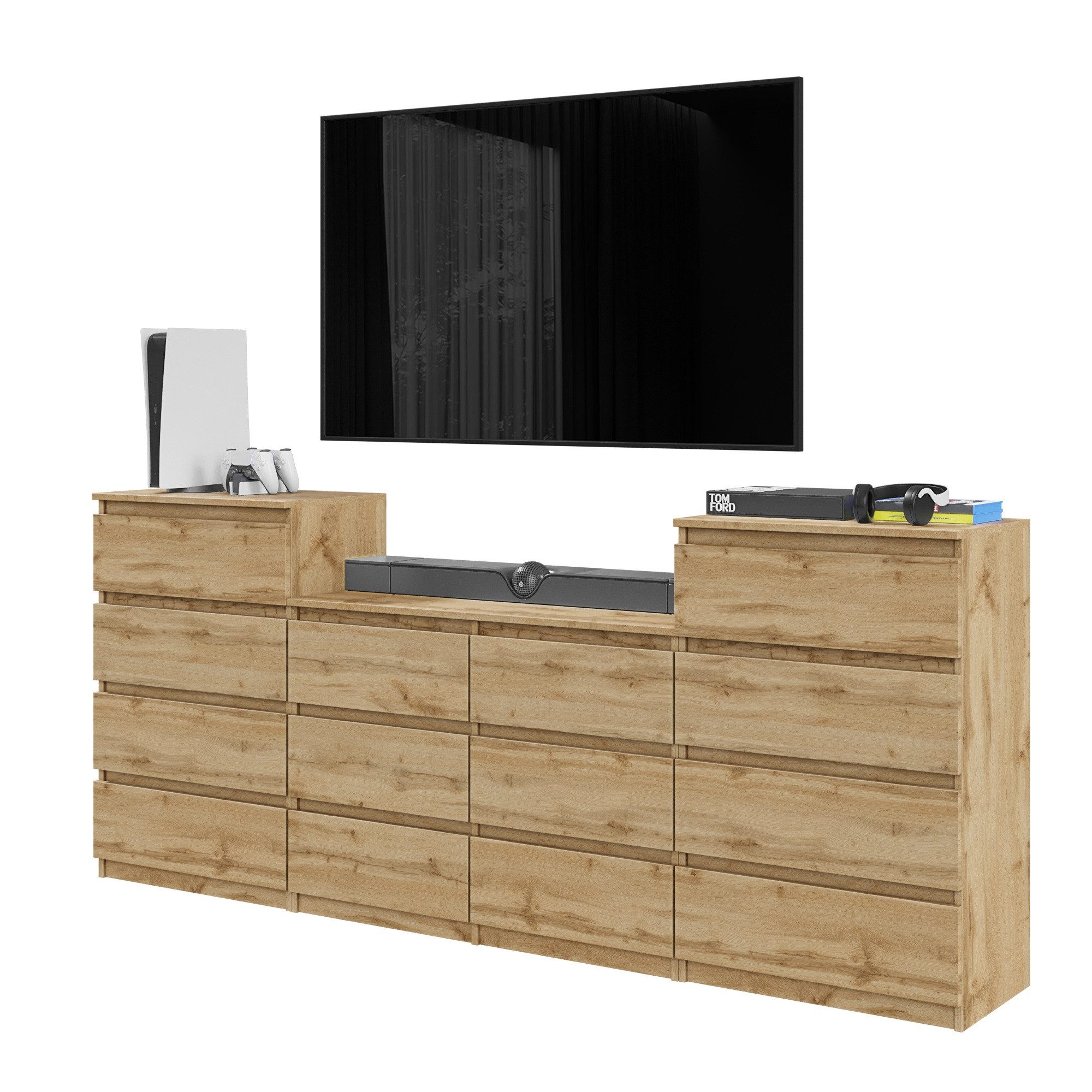 Furnica Kommode Wotan Eiche 220 cm mit 14 Schubladen (4+6+4)-Wohn- und Schlafzimmer