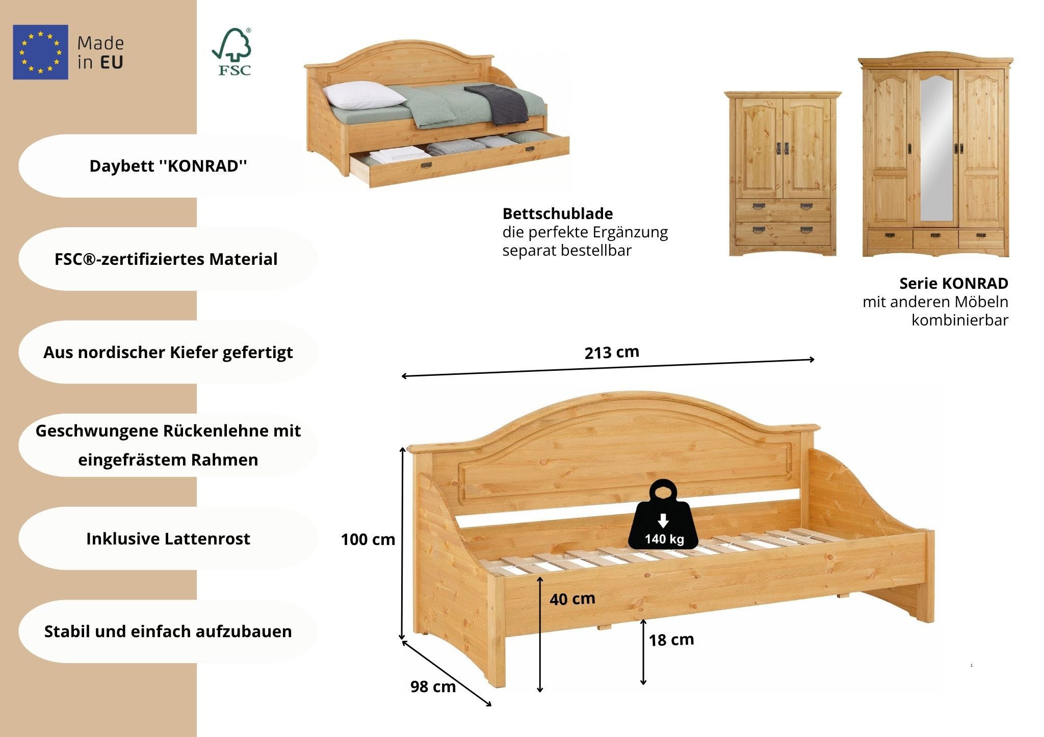OTTO home Daybett Konrad, stabile Konstruktion aus massiver Kiefer, mit Rollrost