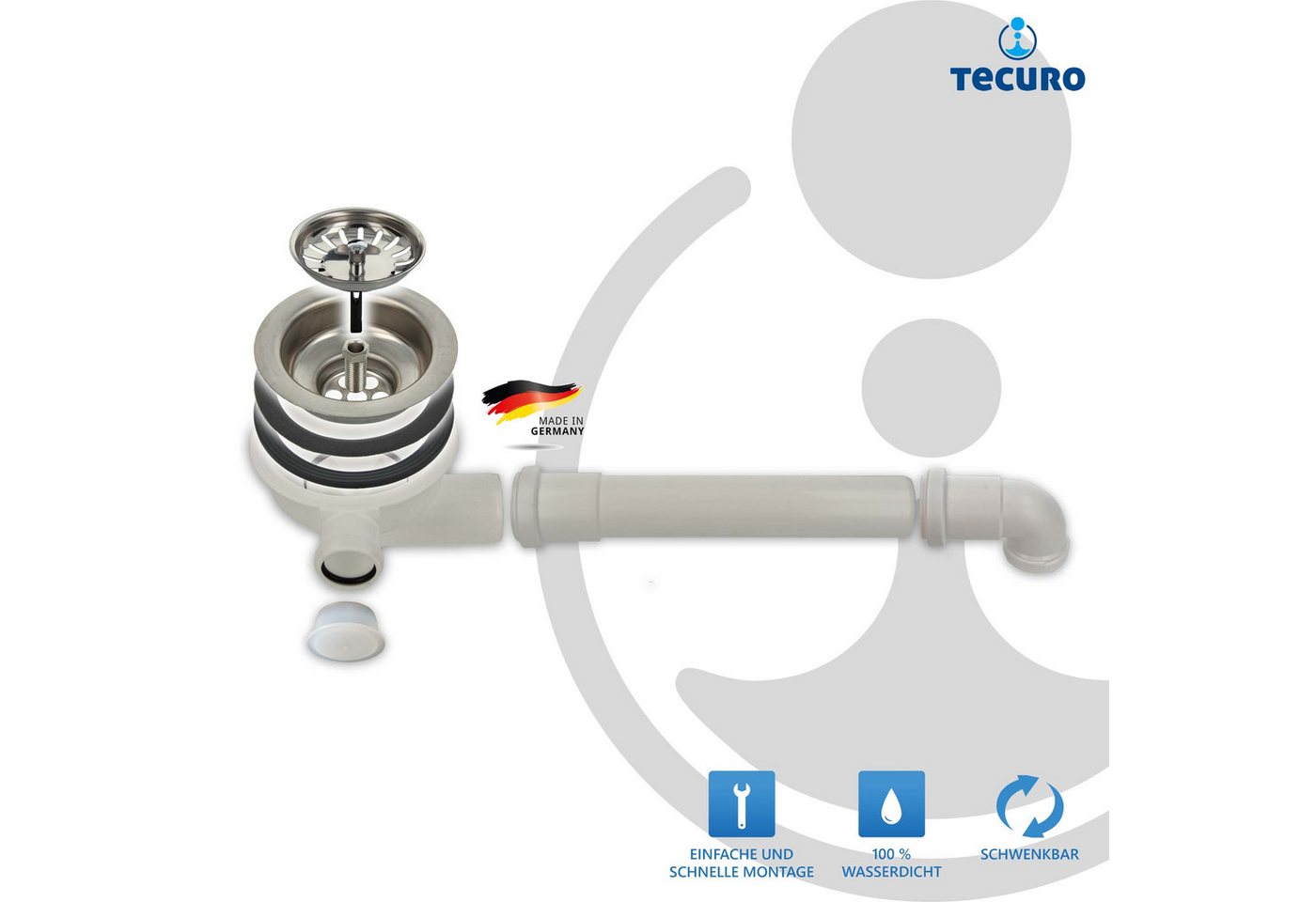 Thumbnail - tecuro Siphon Spülen-Siebkorbventil Ø 114 mm (3 1/2 Zoll) mit Raumsparabgang und GA