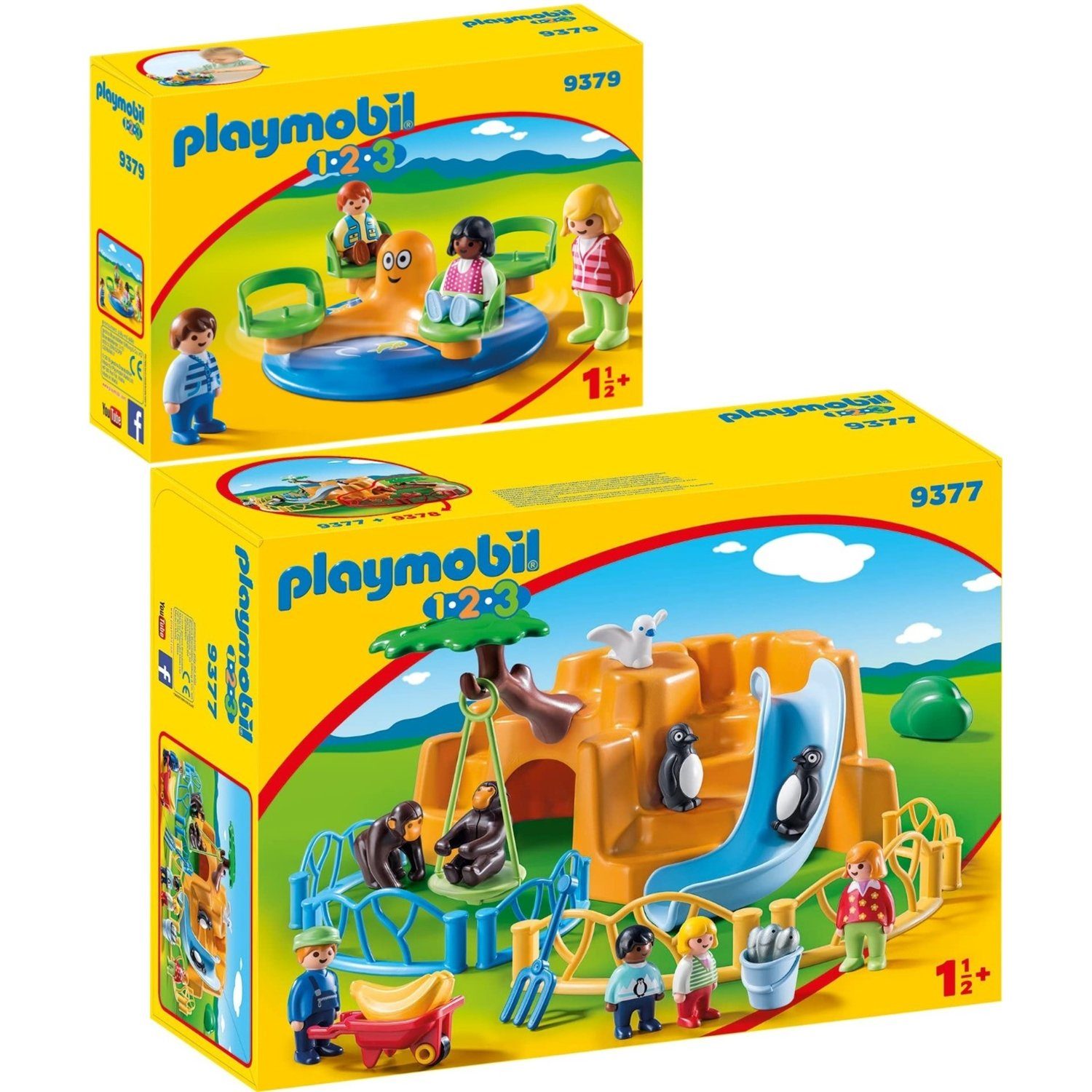 Playmobil® Spielbausteine 9377 9379 1.2.3 2er Set Zoo + Kinderkarussell