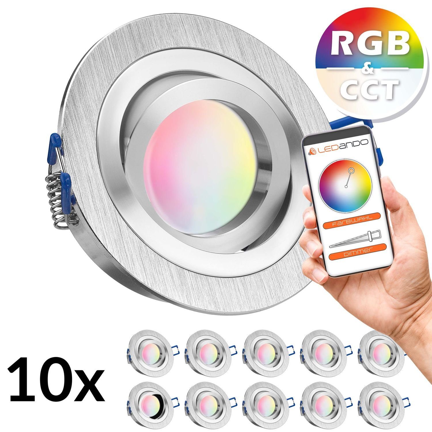 LEDANDO LED Einbaustrahler 10er RGB - CCT LED Einbaustrahler Set extra flach in aluminium gebürst | Strahler