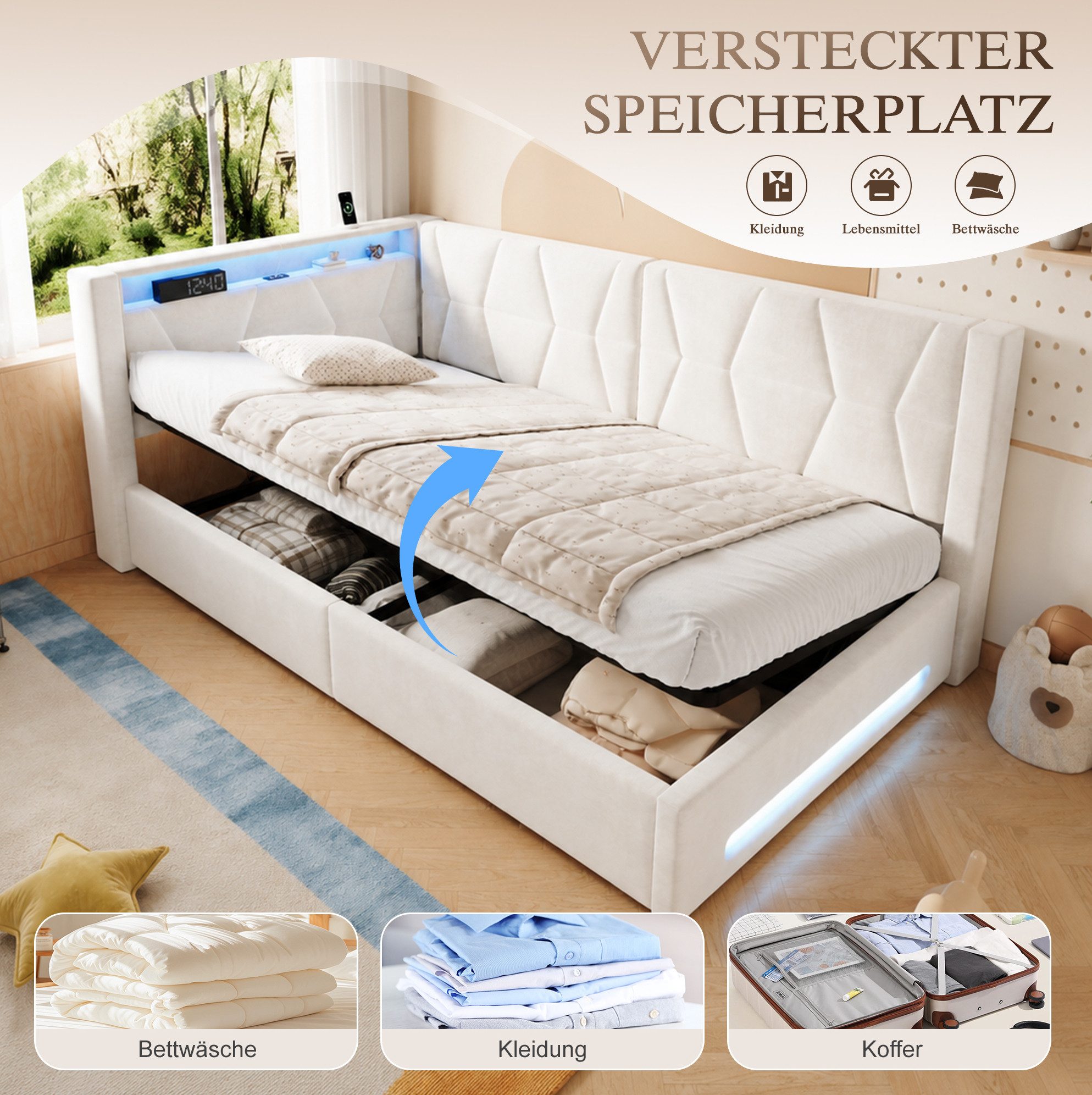 MODFU Schlafsofa Polsterbett mit integriertem Stauraum, Funktionsbett, Kinderbett 90x200 cm, Kopf- und FuBteil LED, Ladeanschlissen, Lattenrost und Bettkasten, Daybett Tagesbett, ohne Matratze