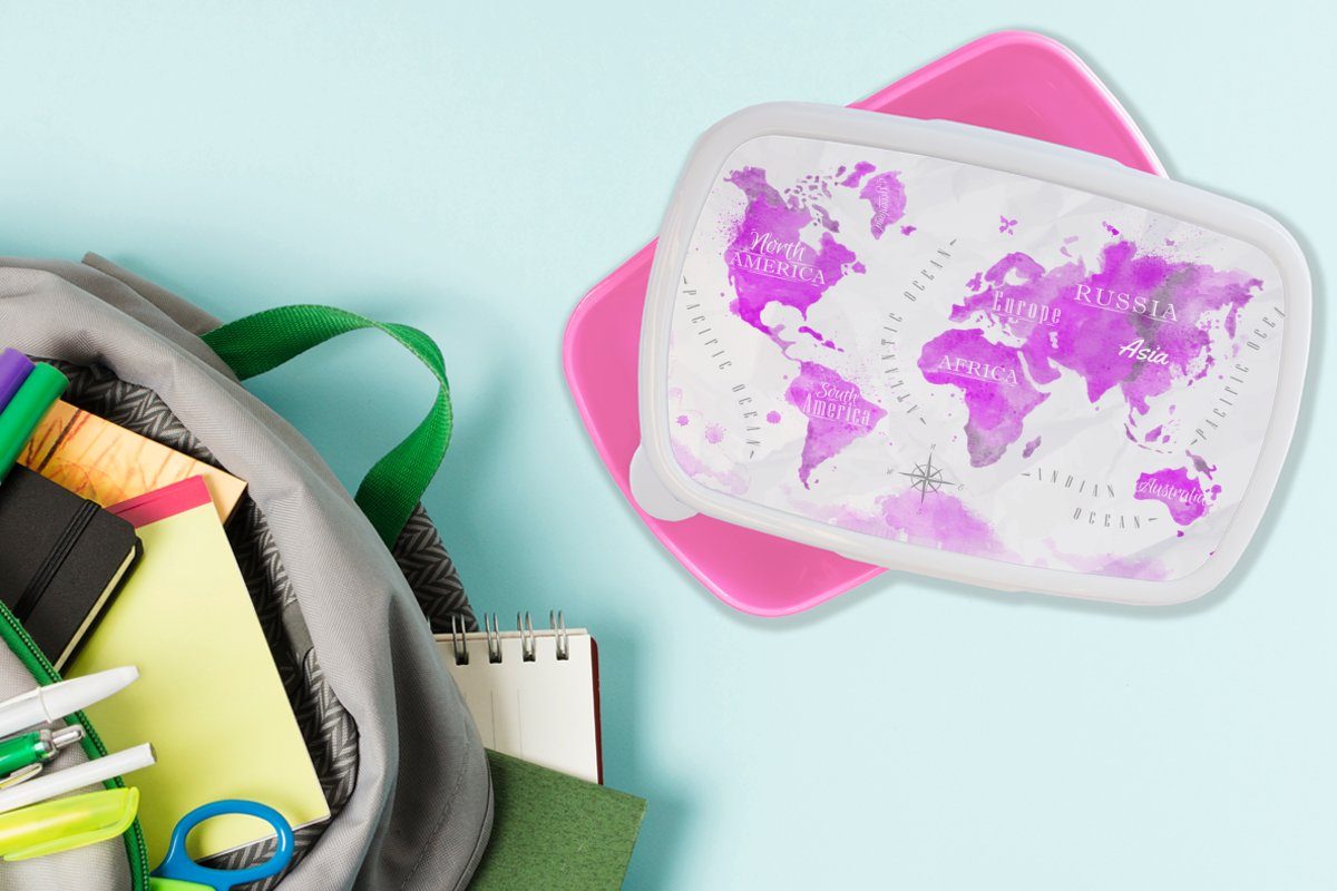 MuchoWow Lunchbox Weltkarte - Rosa Brotdose Mädchen, Snackbox, Kunststoff, Kinder, Ölfarbe, Erwachsene, Kunststoff Brotbox für - (2-tlg)