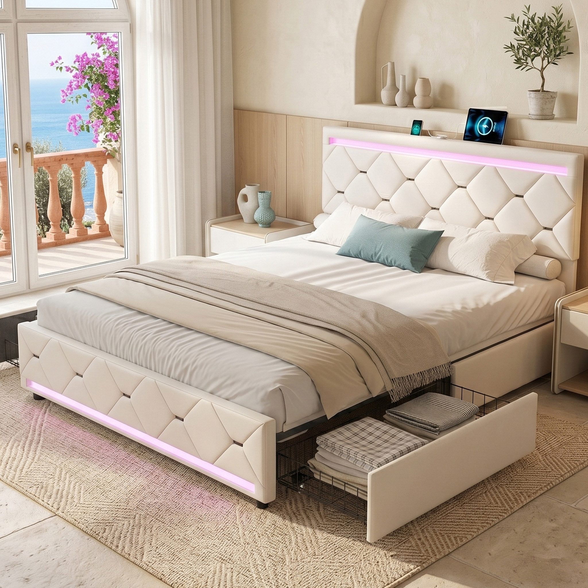 zebery Stauraumbett Doppelbett Polsterbett Mit USB+Typ-C und LED-Leuchten (Packung, 1-tlg., Jugendbett), 140x190 cm,4 Schubladen,Mit Kopfteil und Bettgestell,Samtstoff,Beige