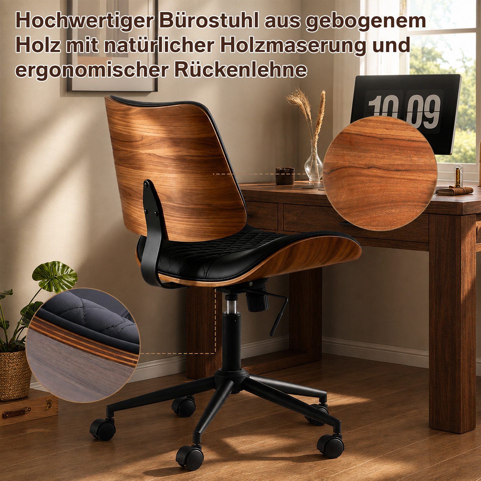 Hoolamyie Schreibtischstuhl, Bürostuhl, PU-Kunstleder mit Holzoptik, 360° drehbar (Drehstuhl – 360° drehbar, höhenverstellbar, Kunstleder,Einzelstuhl, höhenverstellbar, PU-Kunstleder)
