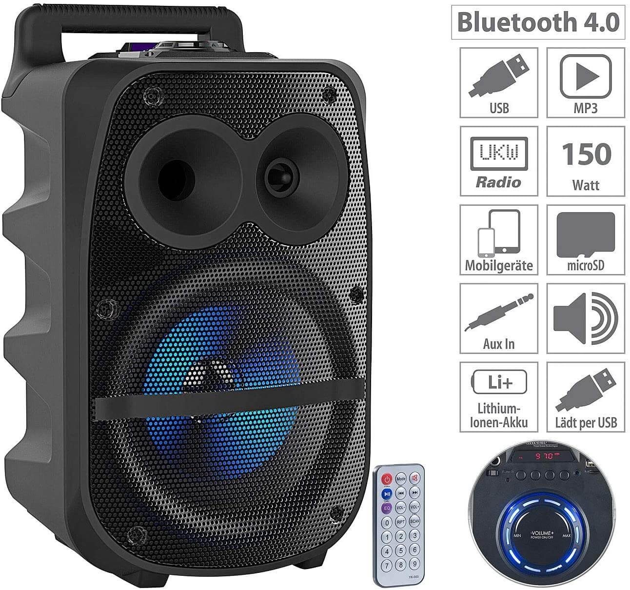 Partylautsprecher PMA-950.k auvisio MP3 PA-Partyanlage Party-Lautsprecher Beleuchtung) (25 LED Mobile USB W, blaue Bluetooth