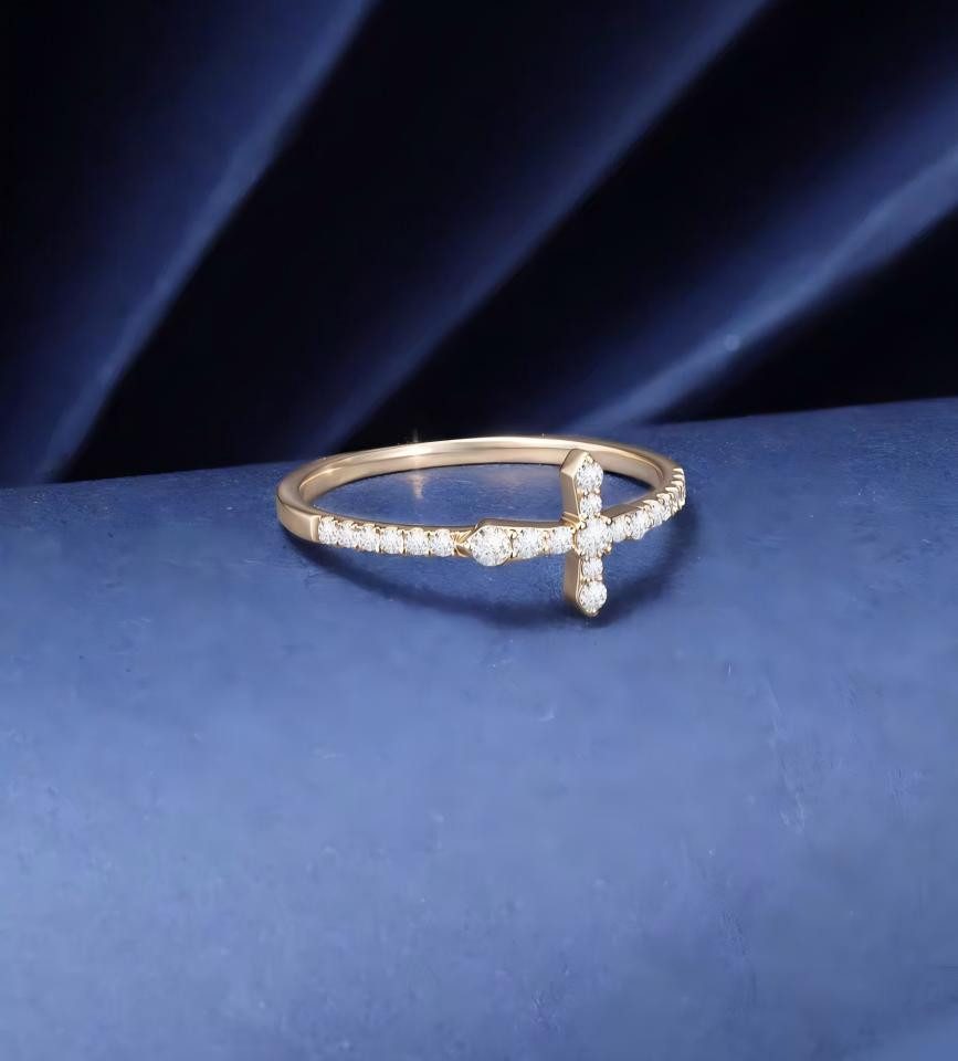 Jumpeak Verlobungsring Kreuz Ring Diamant,Krappenfassung,Gelbgold,Diamantring Damen,VVS/VS, 14K Gold Ring,Lab Diamant Kreuz,Schmuck Geschenk,Fashion Ring,D/E