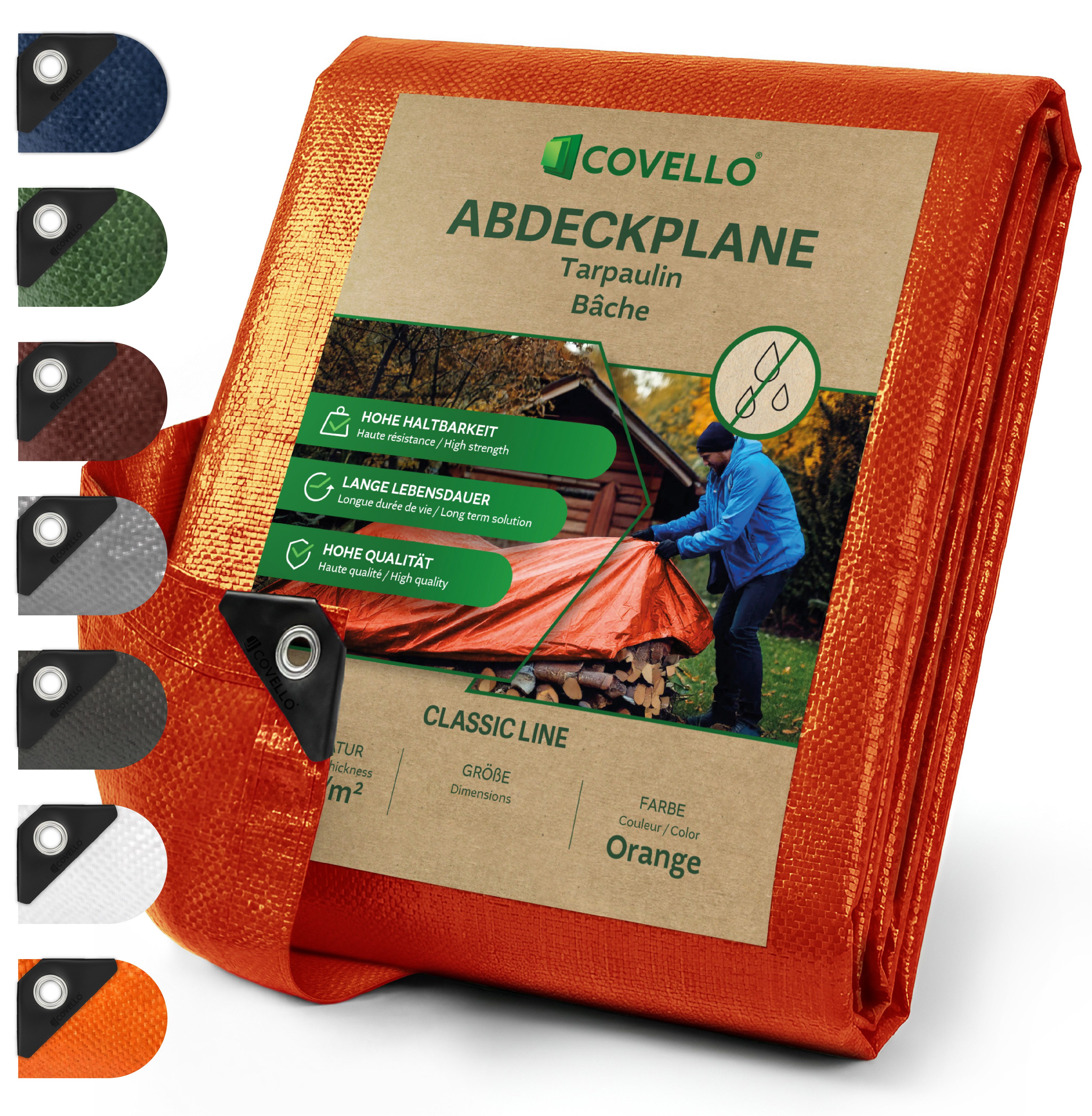 Covello Schutzplane 90g/m² orange, Abdeckplane mit Ösen wasserdicht, Plane UV-stabilisiert in vielen verschiedenen Farben & Größen
