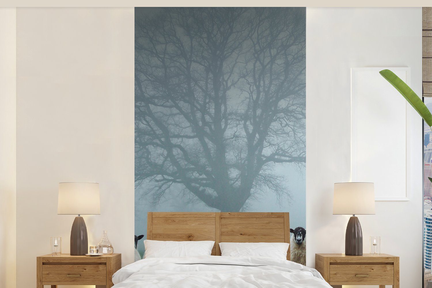 MuchoWow Fototapete Schaf - Baum - Nebel, Matt, bedruckt, (2 St), Vliestapete für Wohnzimmer Schlafzimmer Küche, Fototapete