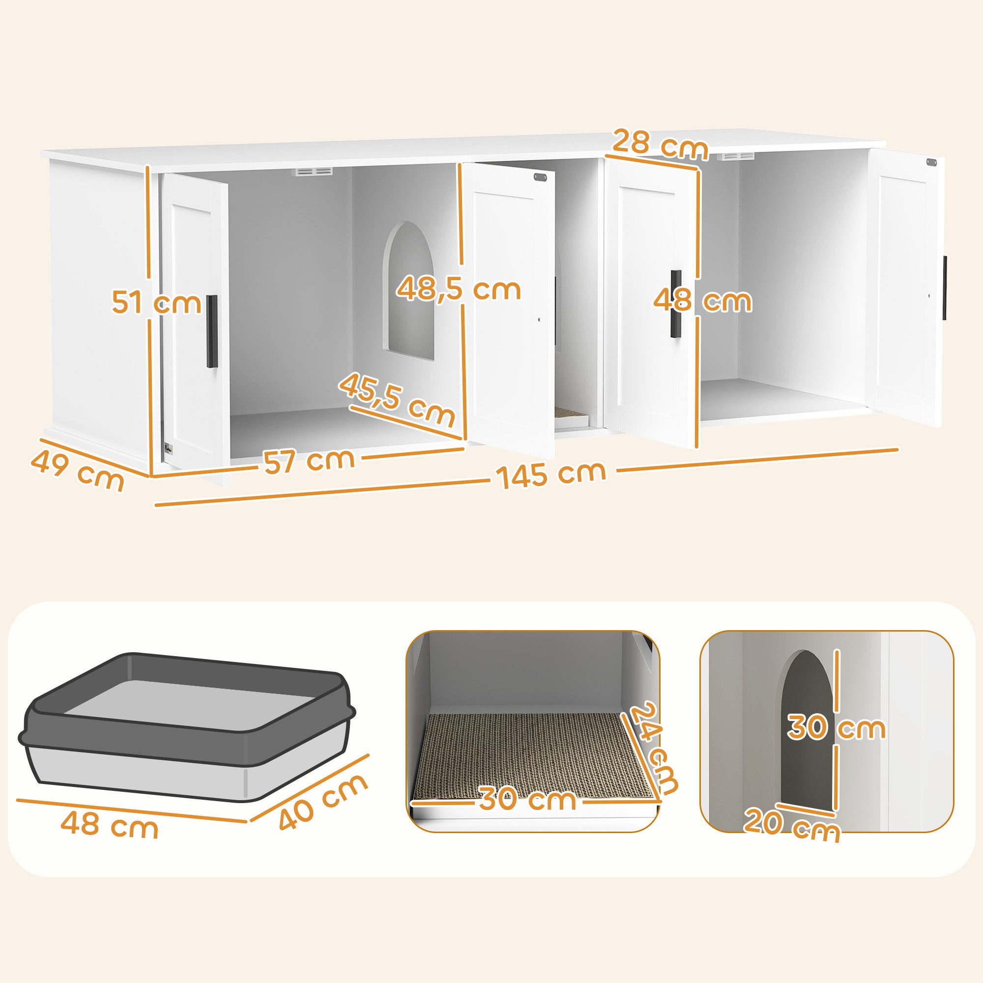 PawHut Tierhaus Katzenklo-Schrank Katzenschrank 3 in 1 Versteckter Katzentoilette, für große Katzen, 145 x 49 x 51 cm, Weiß