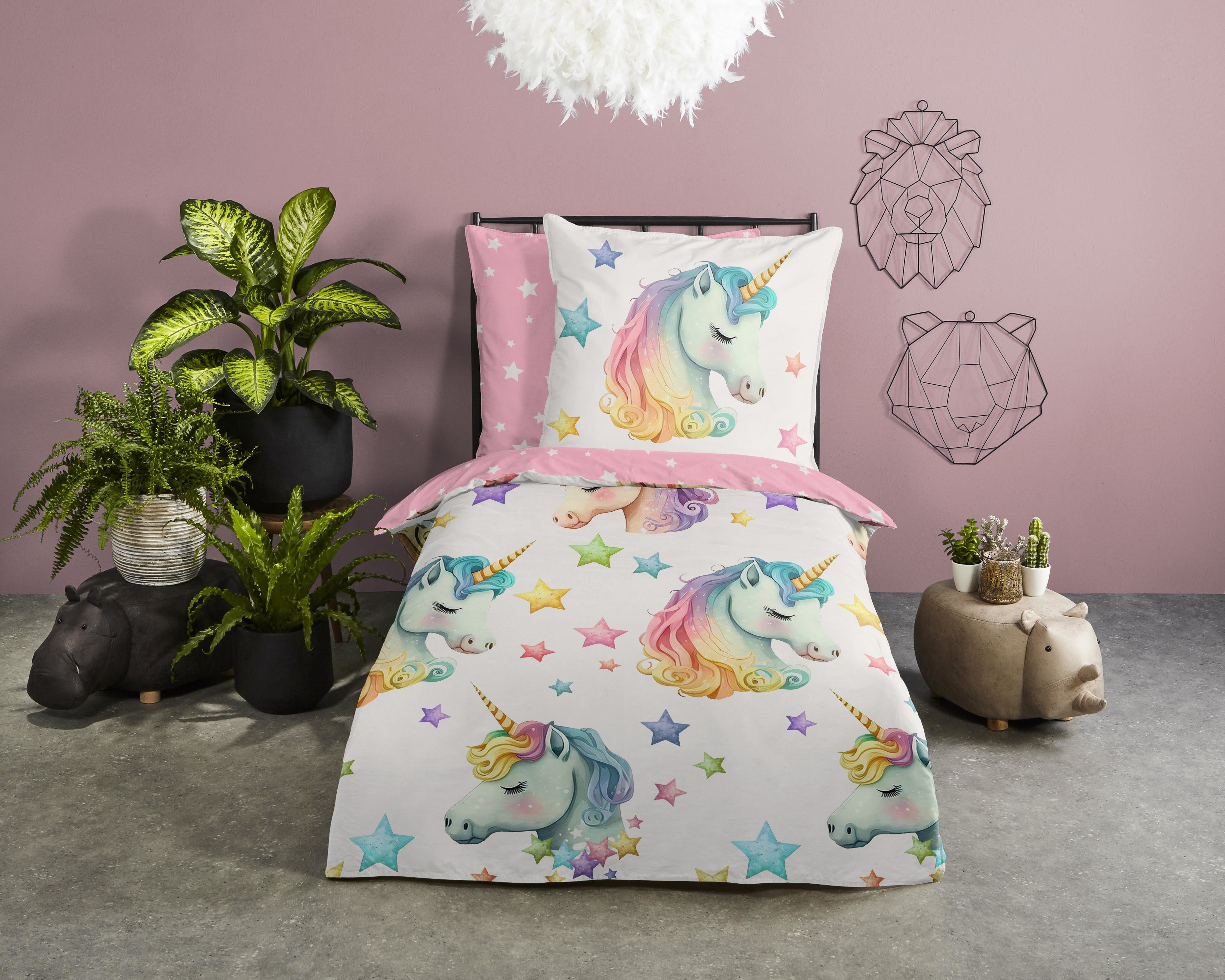 PURE luxury collection Kinderbettwäsche Fancy, Microfaser, 2 teilig, Mikrofaser, 135x200, 2 Teilig, Wendeoptik, Kind, Mädchen, Einhorn – Bild 2 von 4