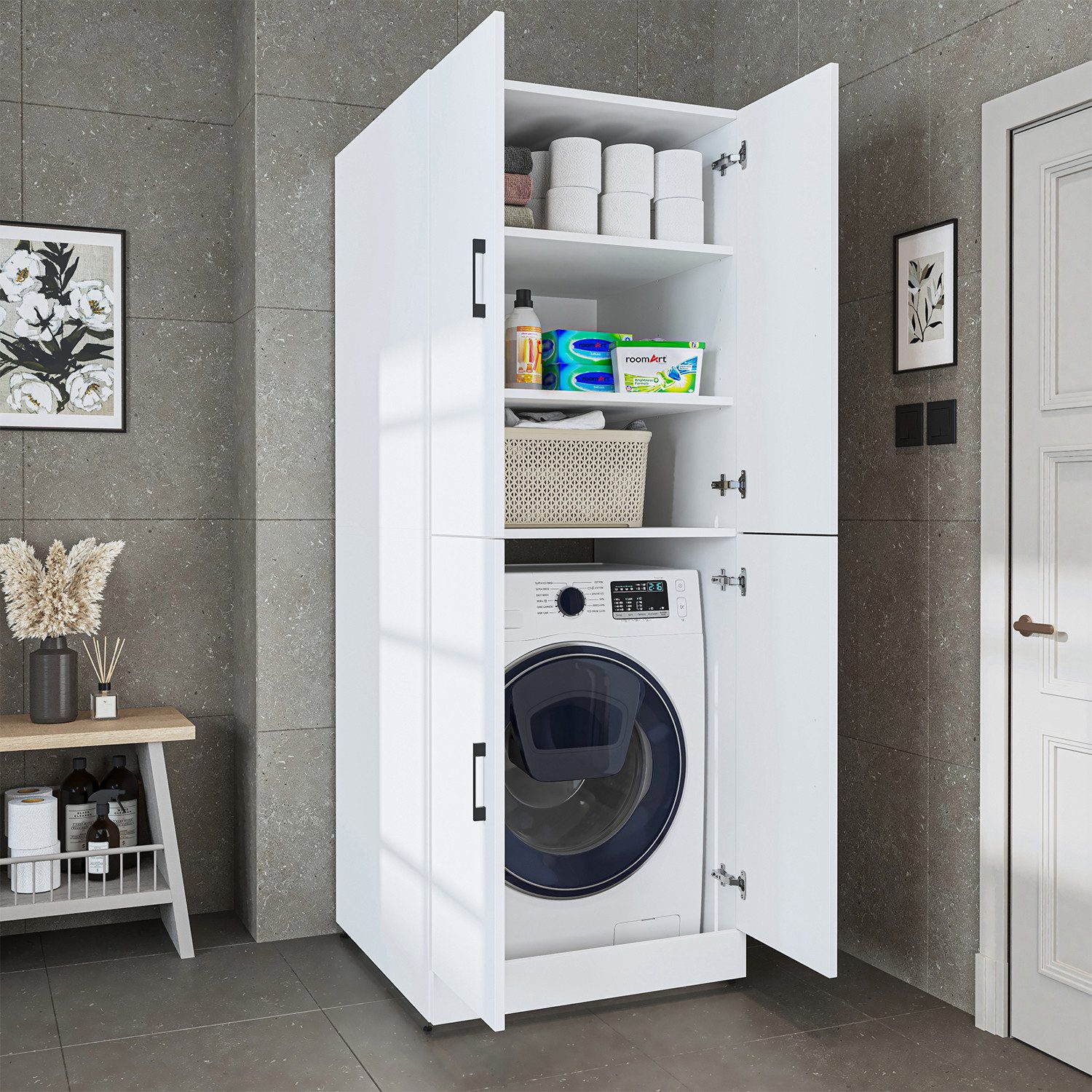 Roomart Waschmaschinenumbauschrank Waschmaschinenschrank SERIE DORA II - für Waschmaschine & Trockner (für Waschmaschine & Trockner mit Regalböden, Weiß • Weiß Eiche • Anthrazit Eiche • Eiche • Schwarz-Eiche)