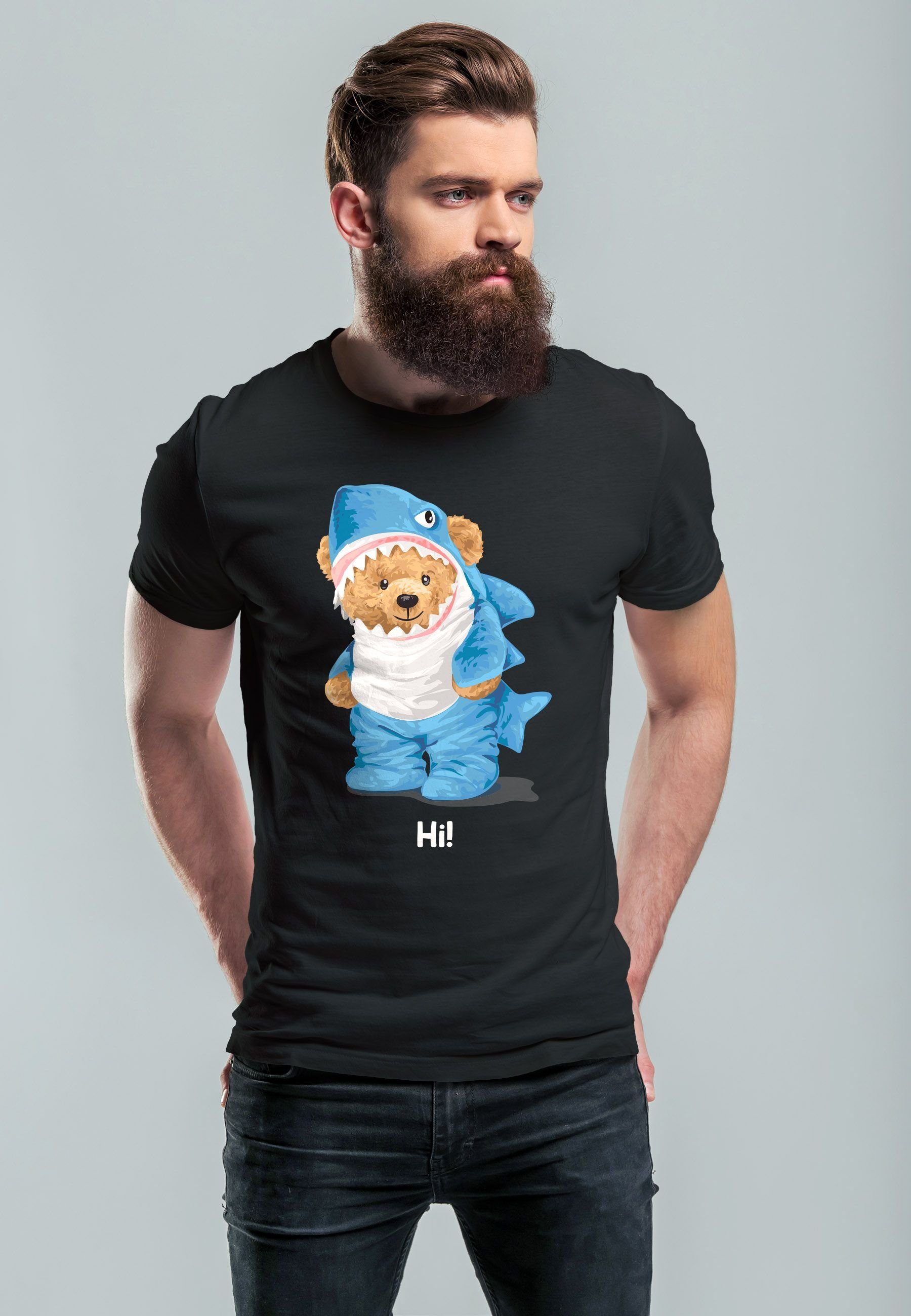 Witz mit Bär Parodie Print Herren Hai T-Shirt Print-Shirt Hi Aufdruck Fashi Printshirt Teddy Neverless schwarz