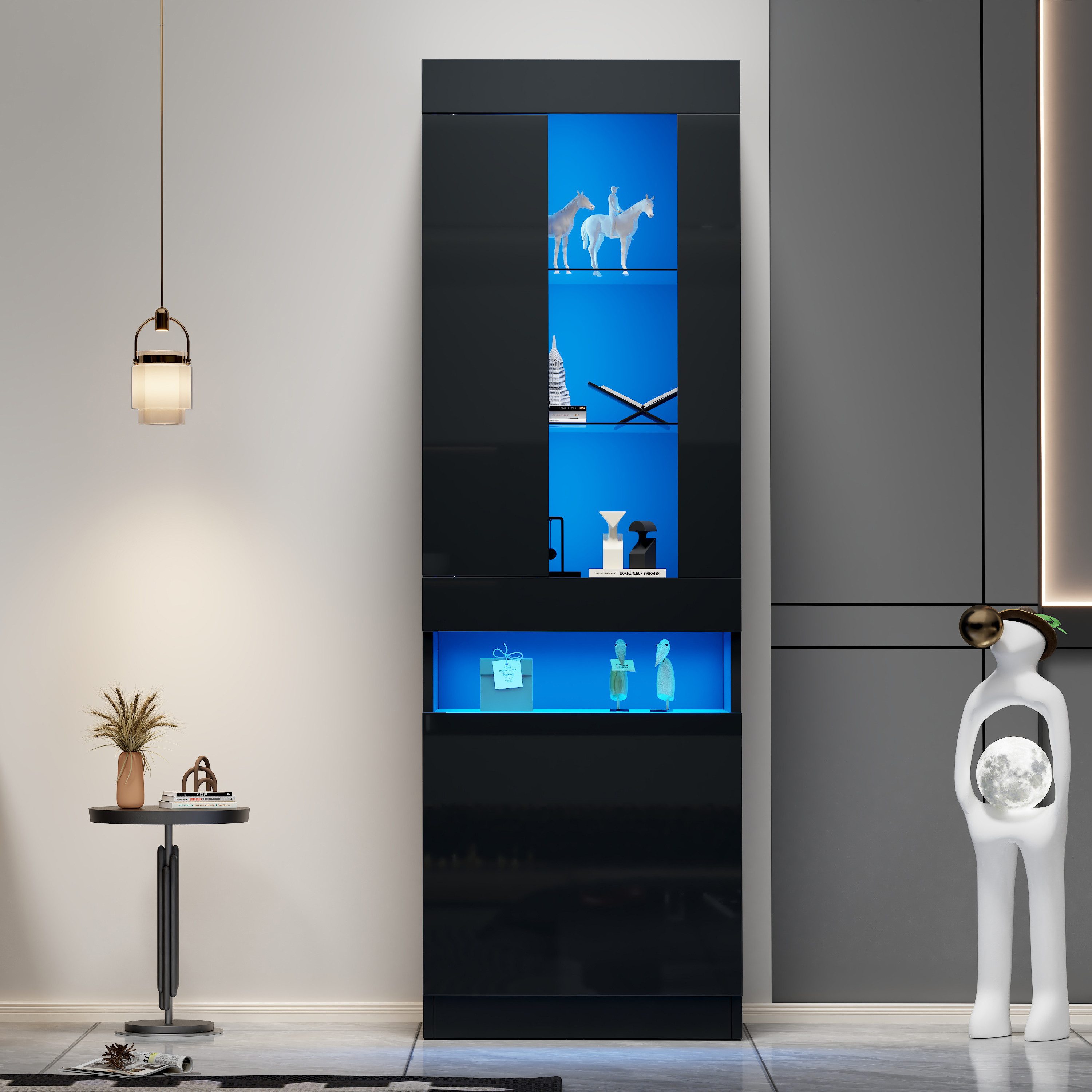 REDOM Vitrine Vitrine 50x180x40 cm, schwarz, LED & Hochglanzfront. (Vitrine,Standregal,Wohnzimmerschrank, 1-St., Vitrine mit LED Beleuchtung) mit LED-Lichtstreifen