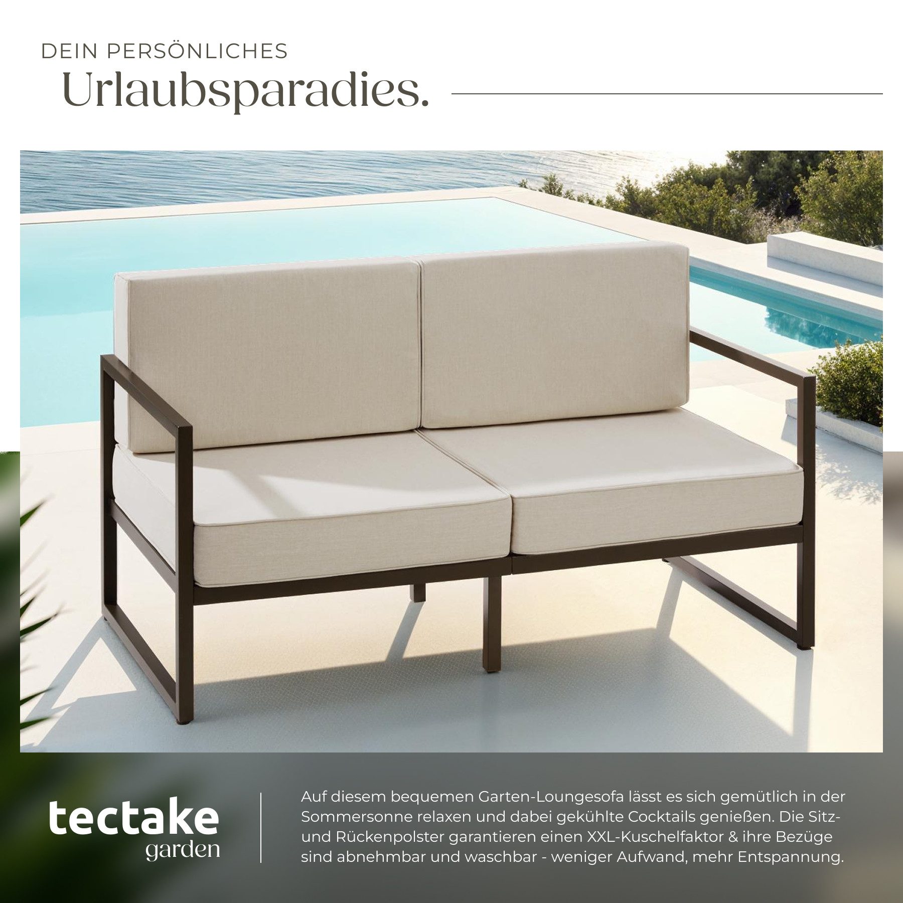 tectake Essgruppe Garten-Loungesofa mit Stahlgestell, 142 x 78 x 85 cm, (Gartensofa Comosa, 1-tlg., in braun/beige), Dickes Sitzpolster, wasserabweisende, abneh – Bild 4 von 5