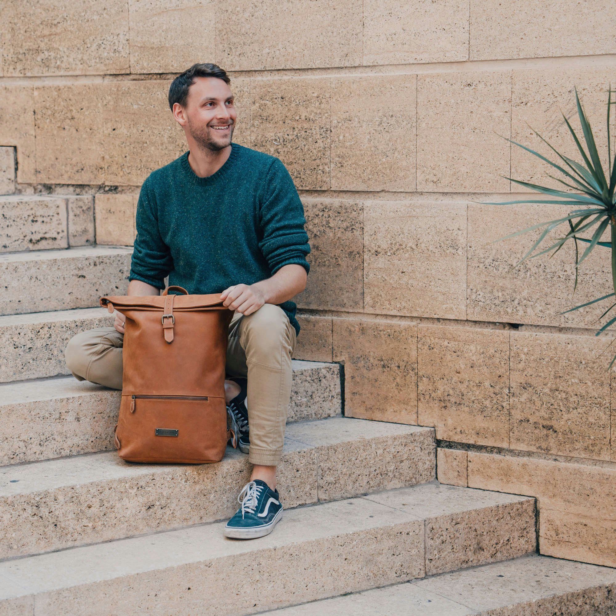 DRAKENSBERG Rucksack Roll-Top »Ryan« Cognac-Braun, Herren, Damen, eleganter Fahrradrucksack aus Leder mit Laptopfach
