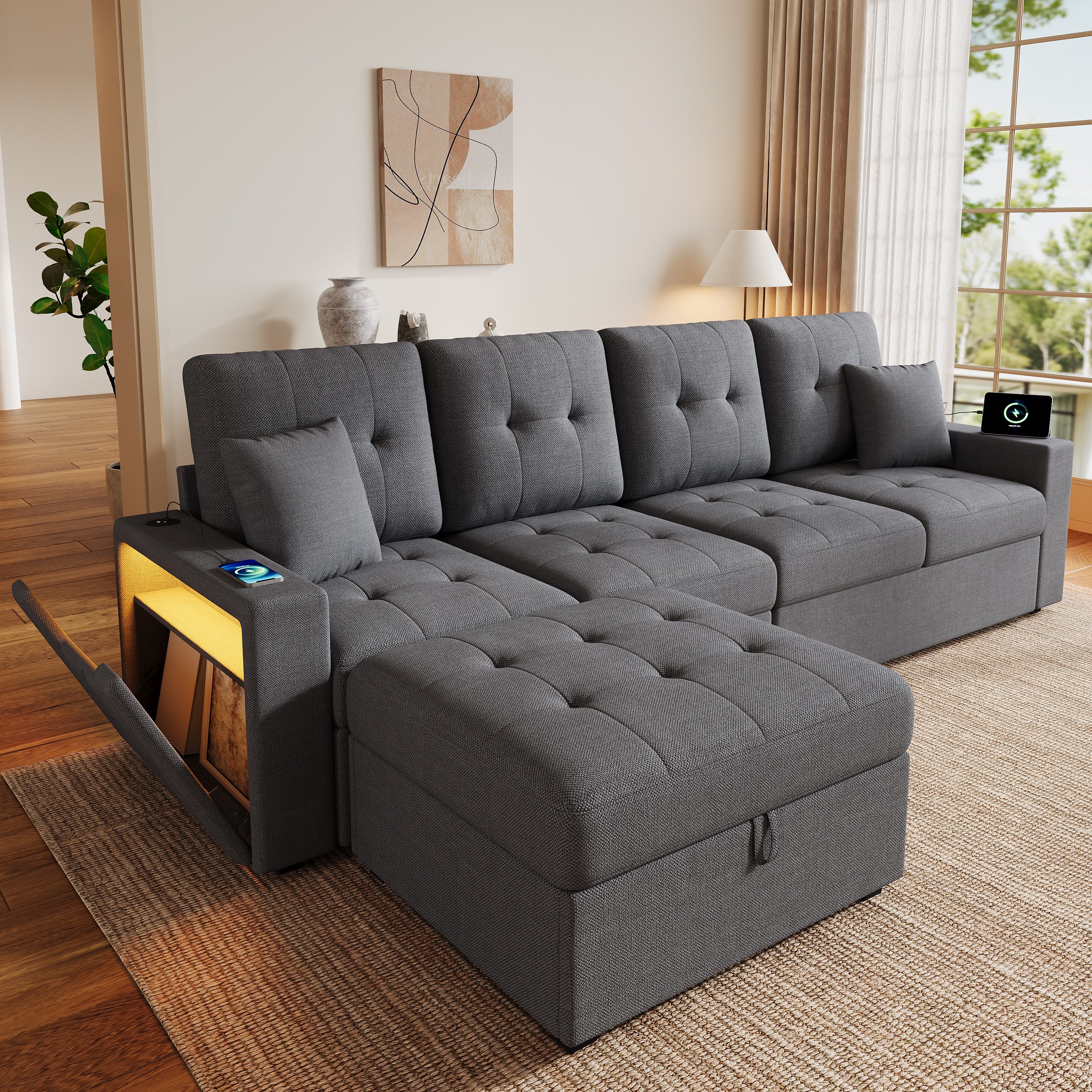 Odikalo Big-Sofa Sofas wohnzimmer Ecksofa Loungesofa Beige Grau mit LED, Modulares L-förmiges Sofa mit frei positionierbarem Aufbewahrungshocker großem Stauraum im Hocker doppelter Armlehnenaufbewahrung Ladeanschlüssen an beiden Armlehnen