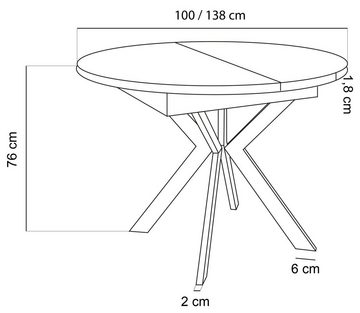 WFL GROUP Esstisch Lily (1 Tisch), Ausziehbar Runder Tisch mit schwarzen Metallbeinen