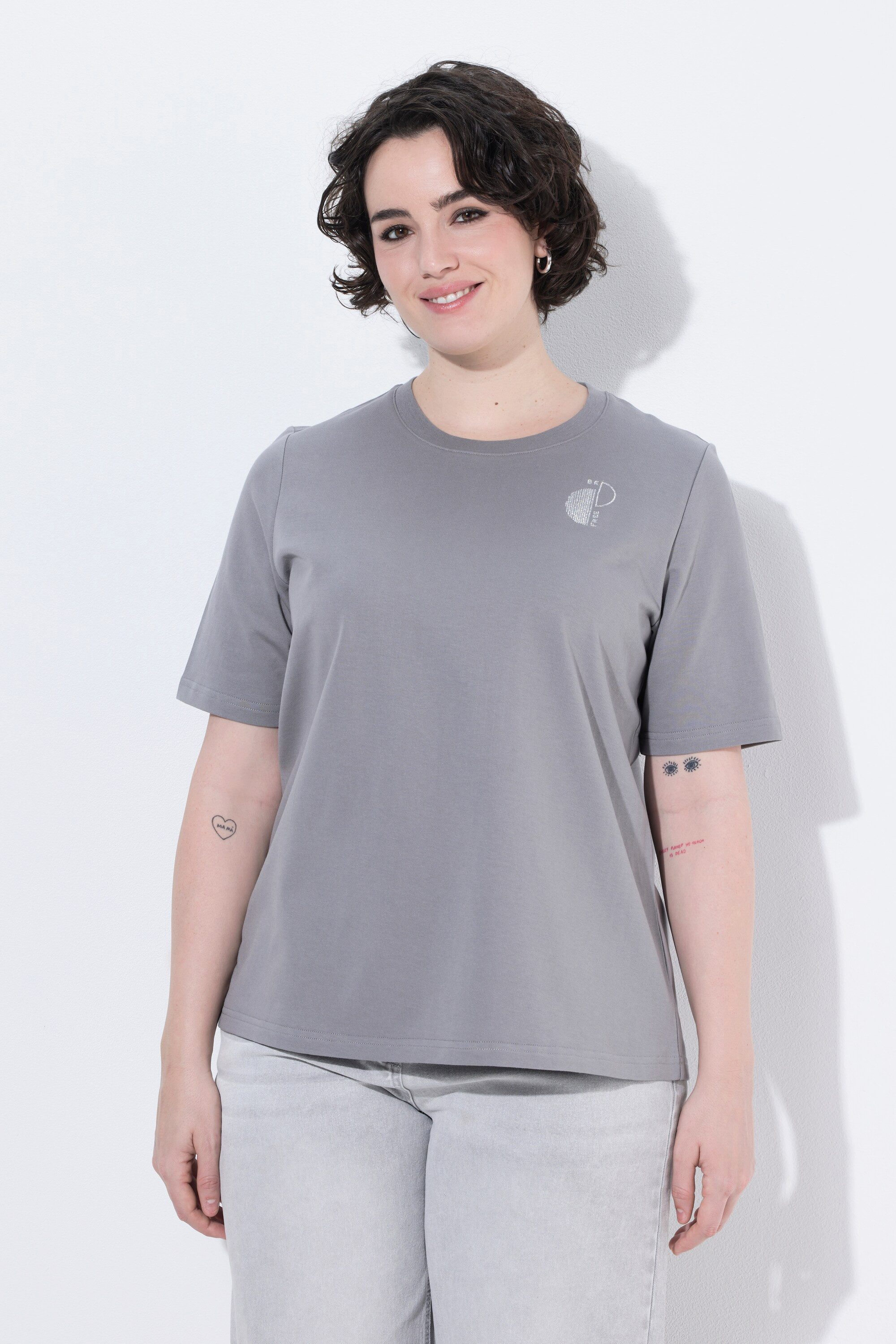Ulla Popken Sweatshirt Sweatshirt Metallic-Stickerei Rundhals Halbarm