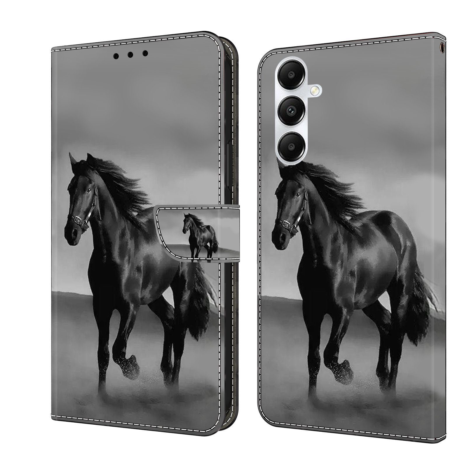 CLM-Tech Handytasche für Samsung Galaxy A15 5G Hülle Tasche aus Kunstleder Klapphülle (Pferd schwarz grau, Handyhülle Wallet Flip Case Cover Etui), Schutzhülle mit Standfunktion, Kartenfächer, und Magnetverschluss