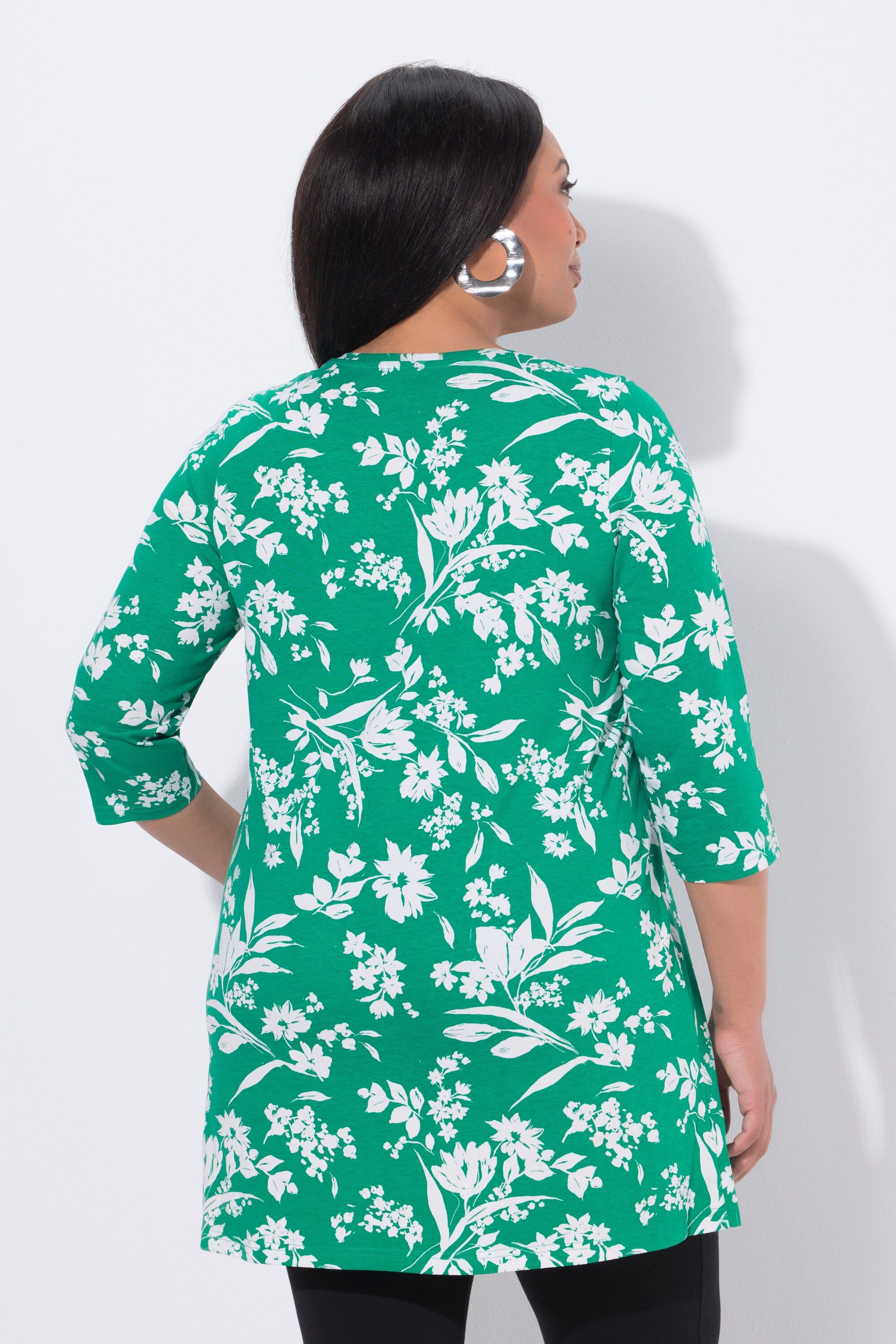 Ulla Popken Longshirt Longshirt Blüten A-Linie V-Ausschnitt 3/4-Arm
