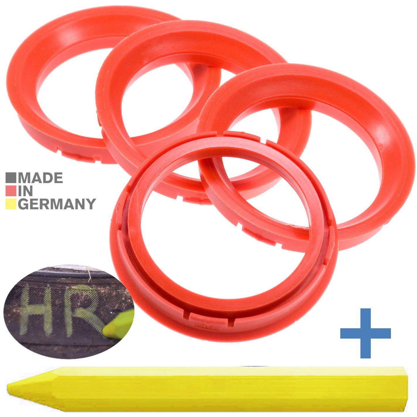 RKC Reifenstift 4X Zentrierringe Rot Felgen Ringe + 1x Reifen Kreide Fett Stift, Maße: 73,0 x 57,1 mm