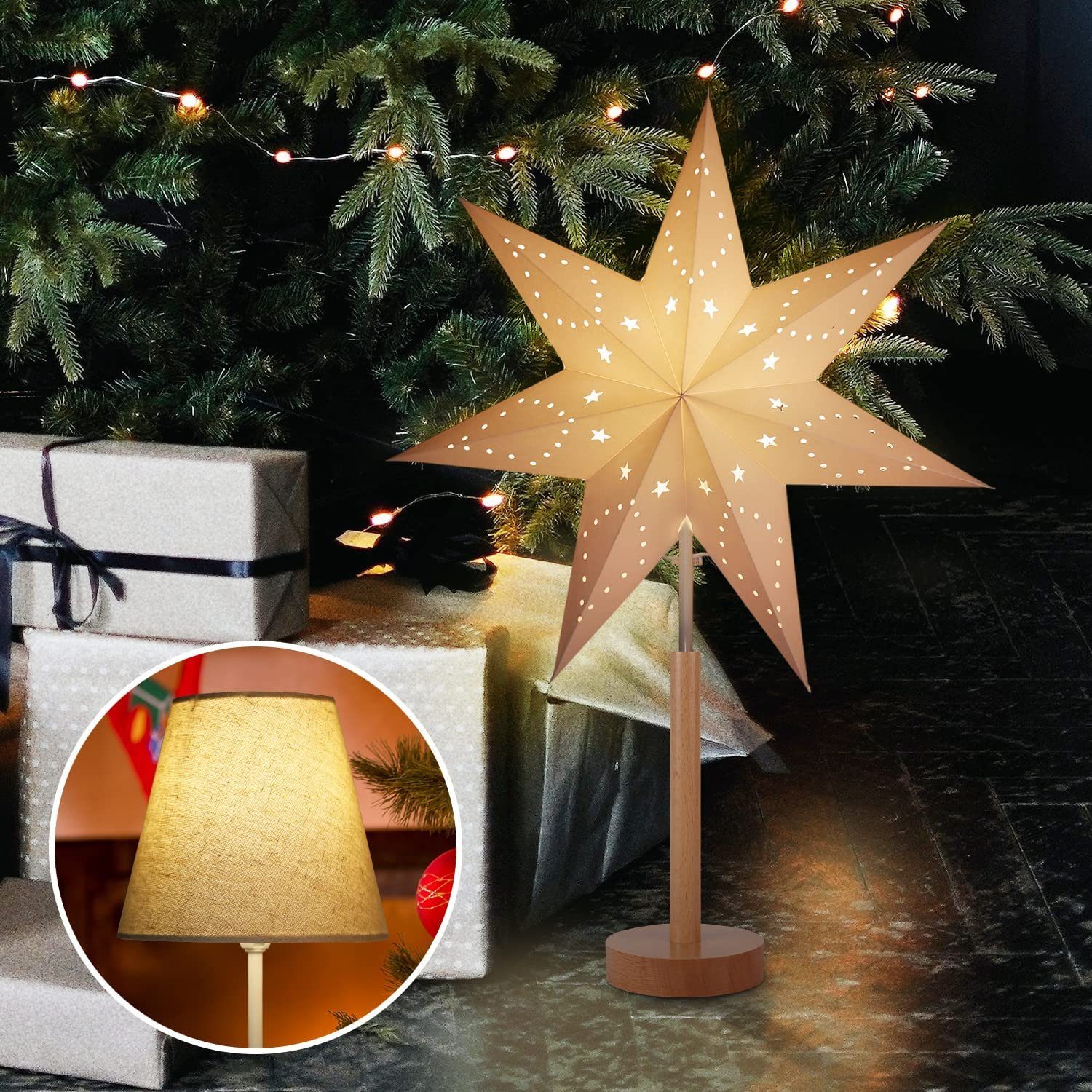 Salcar Papierstern LED Stern Beleuchtet Weihnachtsstern Tischlampe Sternenleuchte Lampe, 2 Lampenschirme (Weihnachtsstern / Vintage-Stil verwendbar)