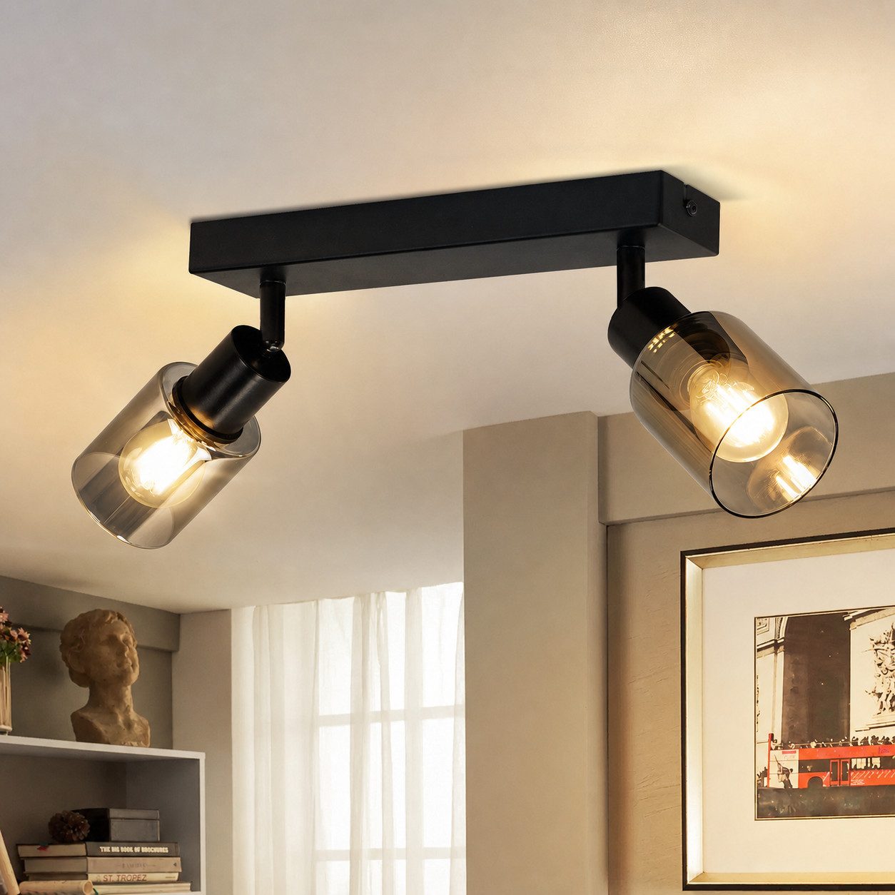 Nettlife Deckenstrahler Vintage Schwarz Glas E14 Retro Deckenleuchte Schwenkbar 350°, LED wechselbar, Flur Wandstrahler für Küche Wohnzimmer