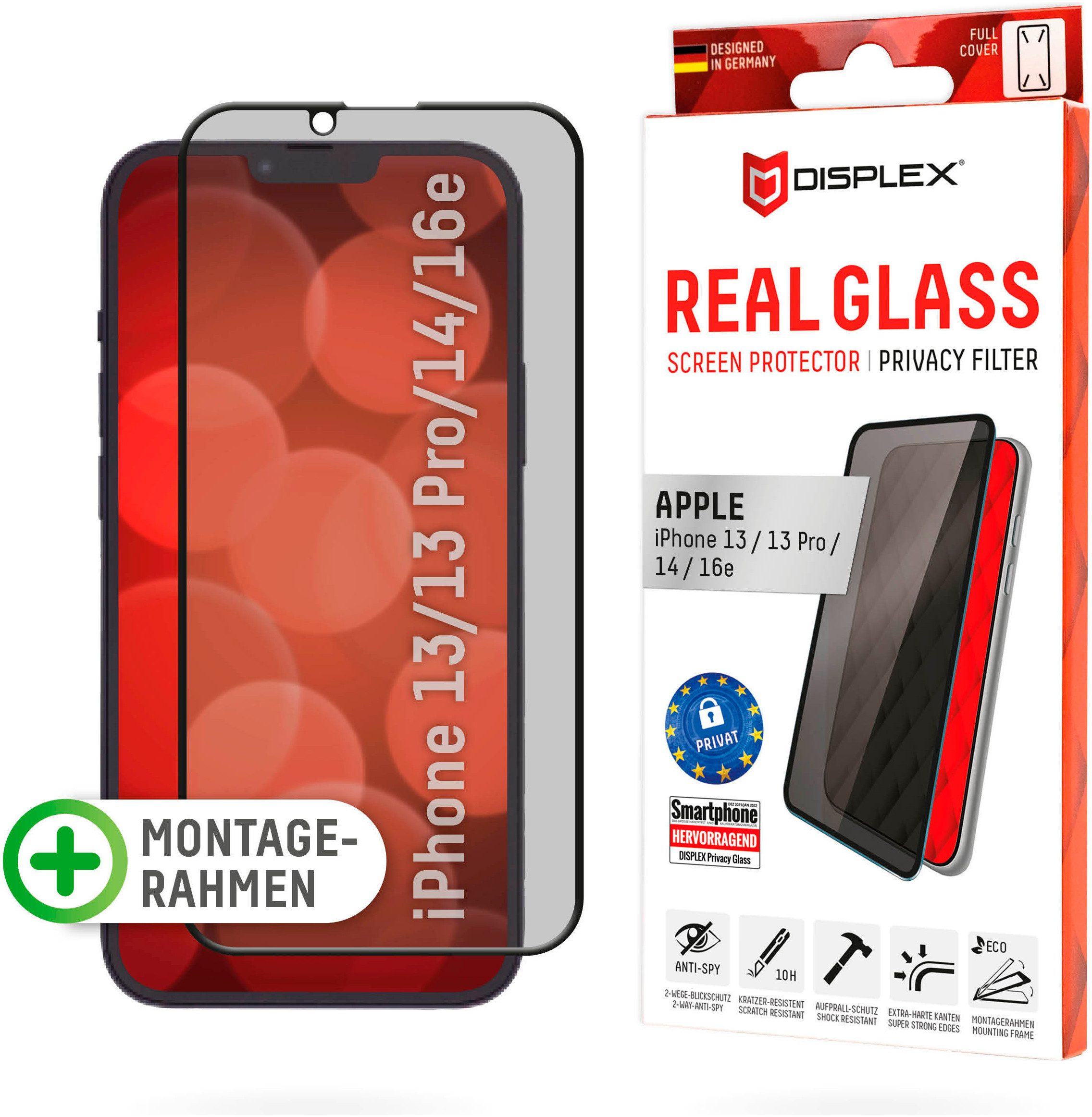 Displex Displayschutzglas Privacy Glass FC - iPhone 14 für Apple iPhone 13/13 Pro, Apple iPhone 14, Apple iPhone 16e