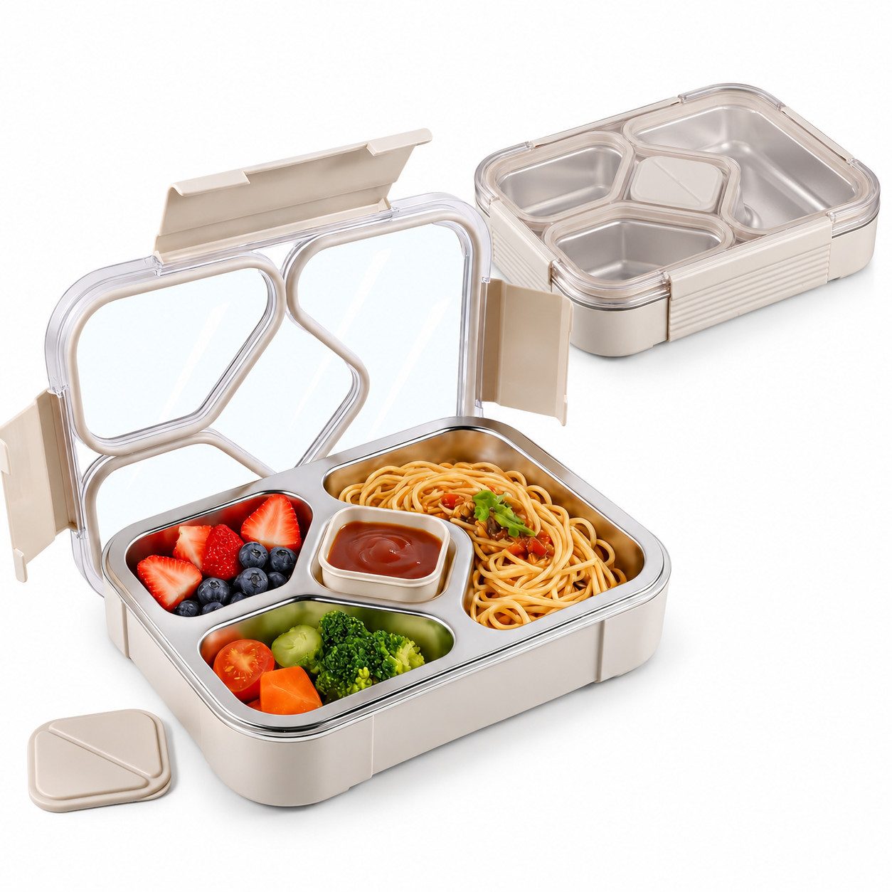 Diwzbyn Lunchbox Bento Lunchbox aus 304 Edelstahl, 4 Fächer, 34 oz, Auslaufsicher, Mit Saucenbehälter, Spülmaschinengeeignet & BPA-frei