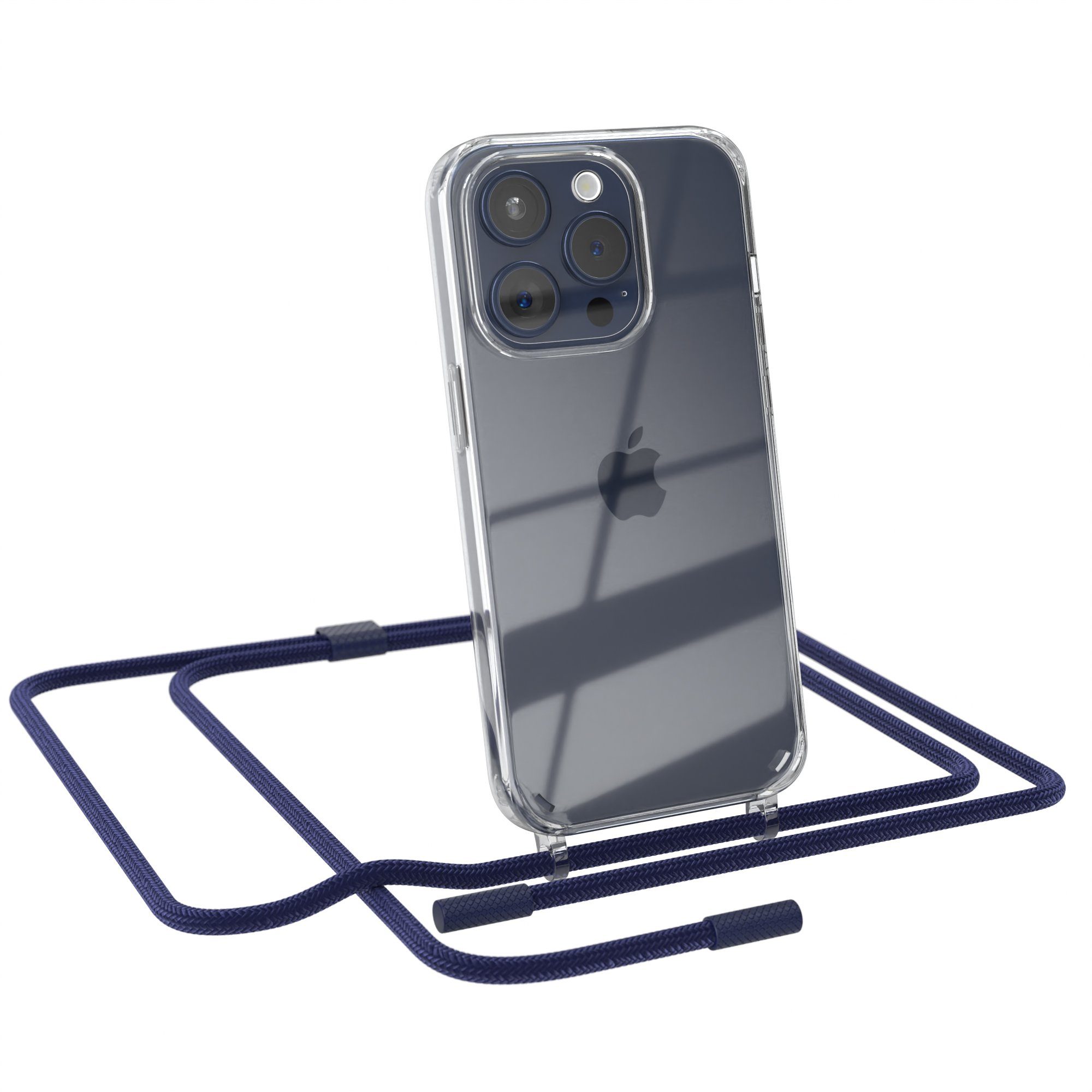 EAZY CASE Handykette Silikon Kette Unifarbe für Apple iPhone 15 Pro 6,1 Zoll, Handytasche durchsichtige Silikon Hülle mit breitem Umhängeband Blau