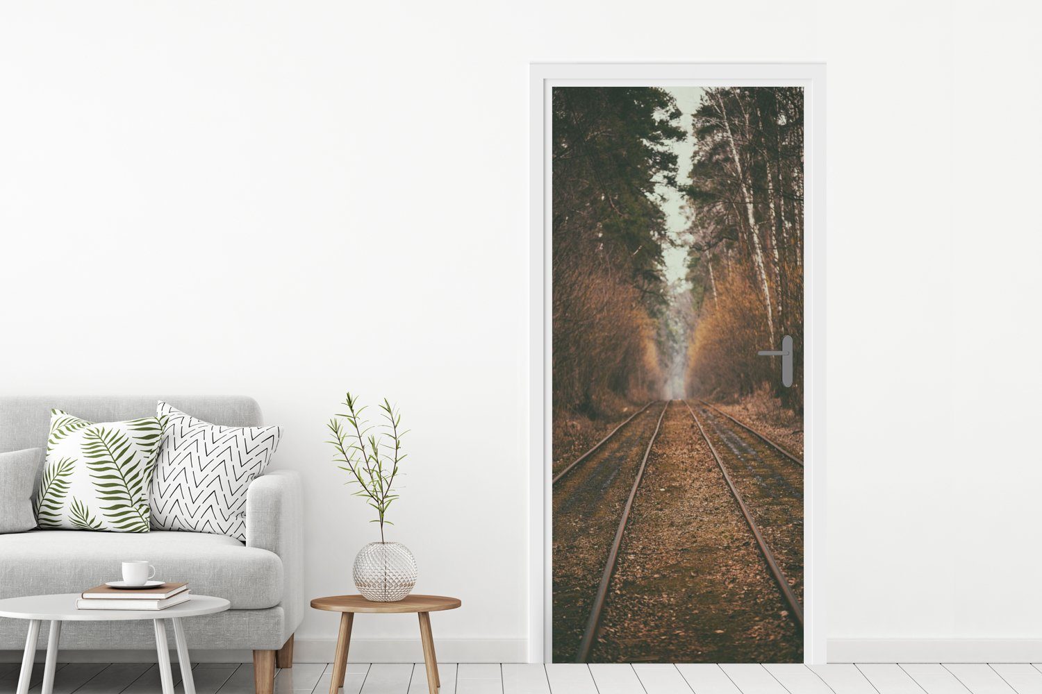 Türtapete für Weg - Tür, Wald 75x205 (1 - bedruckt, MuchoWow Bahnstrecke - Matt, Baum, St), Türaufkleber, Fototapete cm