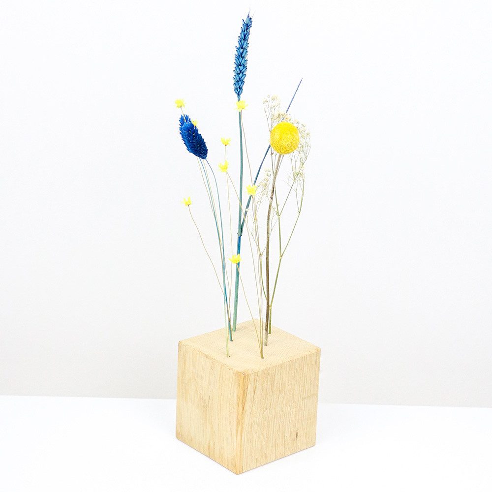 Trockenblume FlowerBar CUBE “SCHWEDENGLÜCK”, Holzwürfel mit Trockenblumen, Eiche
