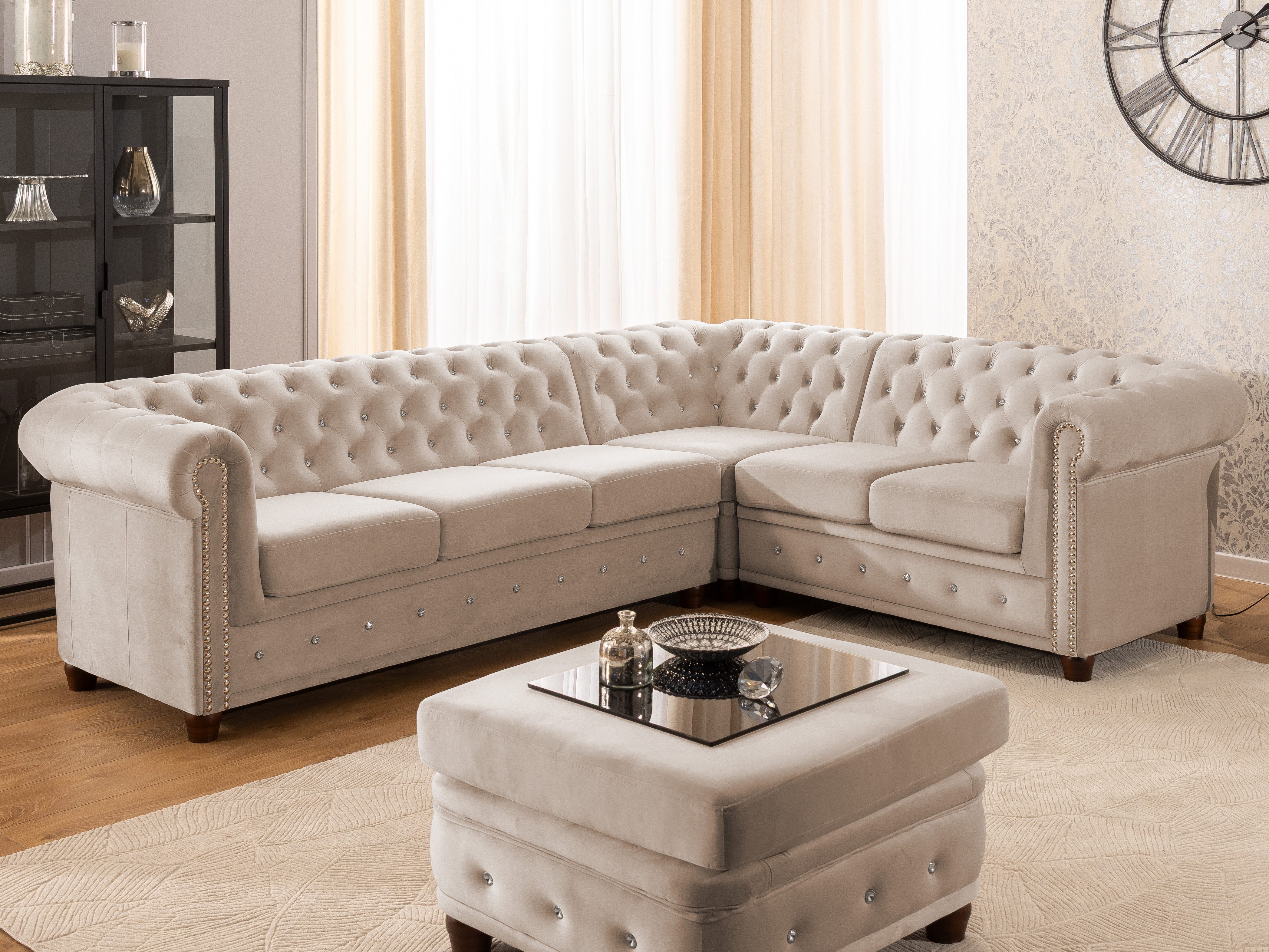 S-Style Möbel Ecksofa Chesterfield L-Form Cleo Blink aus Samt mit Kristallsteppung, mit Wellenfederung