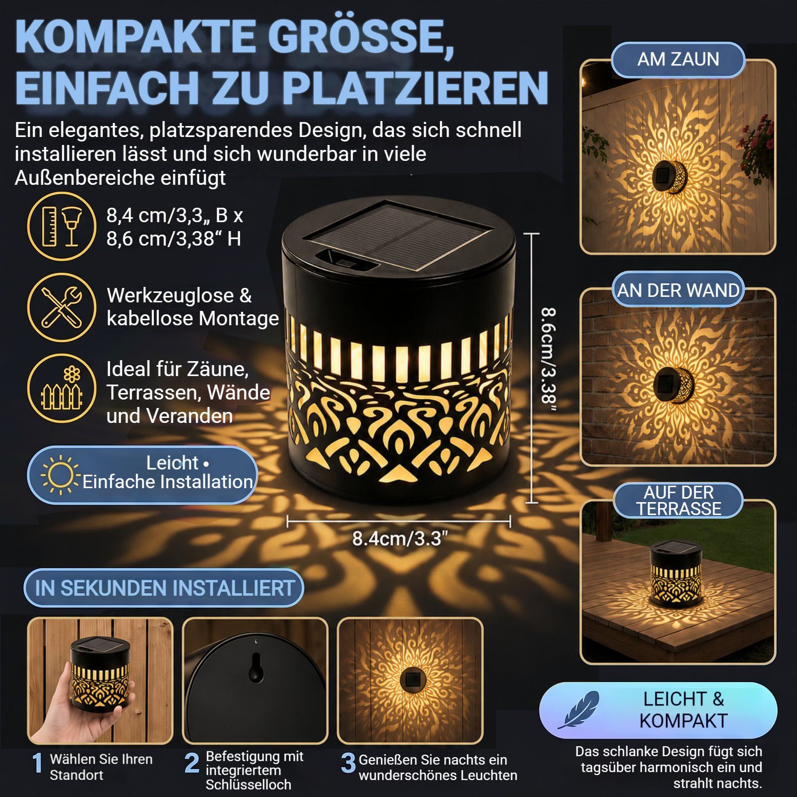 QUBEBU Außen-Wandleuchte 1/2/4stk Mandala Solarleuchte Solarlampe Wandleuchte für Außen Garten, Warmes Licht, LED fest integriert, Solarlampen für Außen, Metall – Bild 2 von 5
