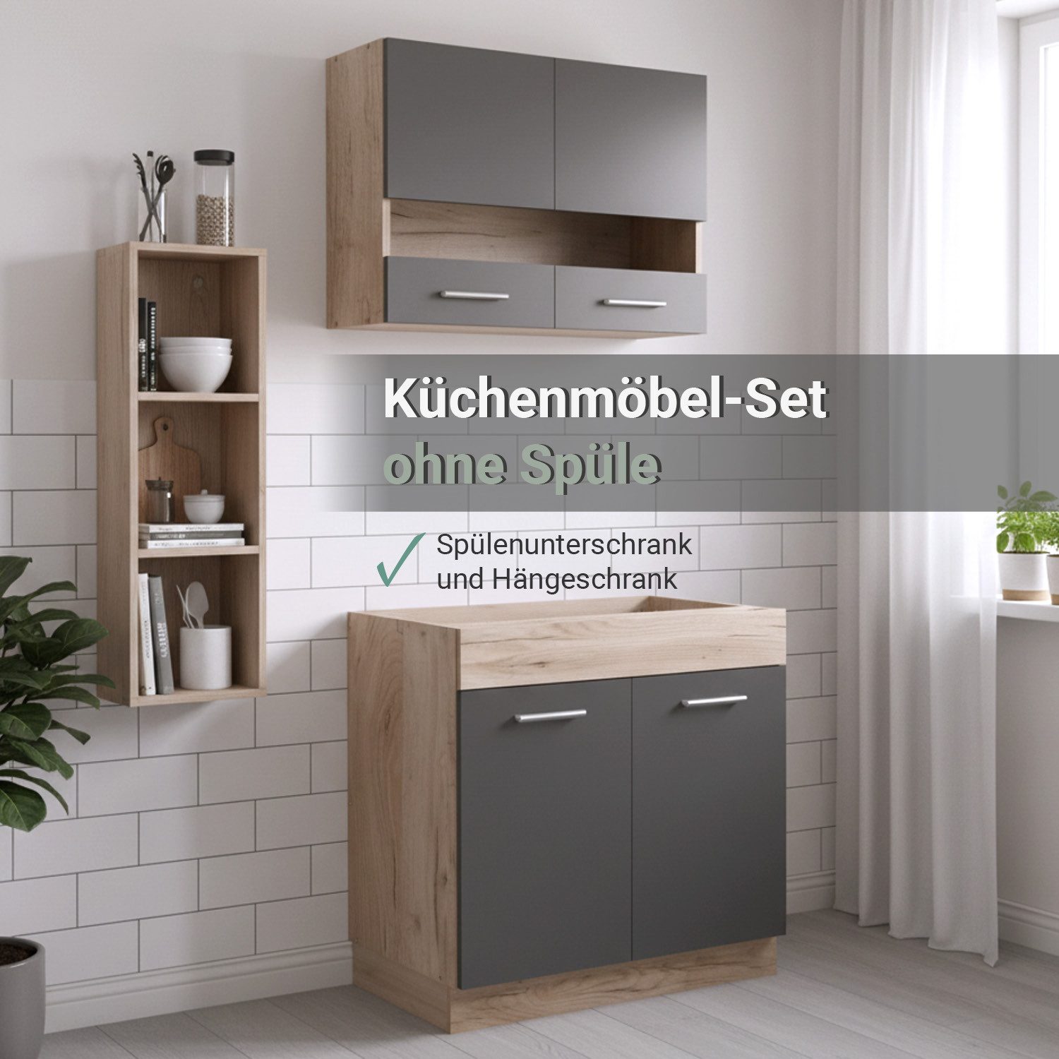 Meuble de cuisine Homestyle4u 80 cm sans électroménager, cuisine simple, chêne gris mat, placards hauts vitrés, (placards hauts, placards bas), bloc cuisine avec placards hauts et bas, cuisine aménagée
