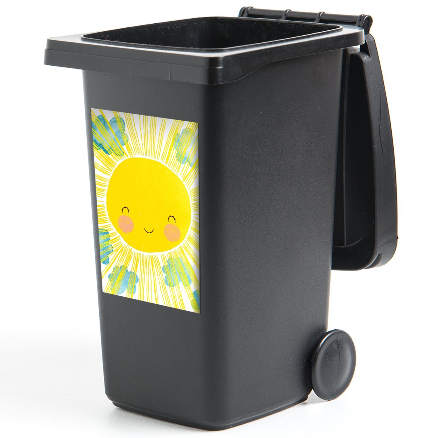 Illustration Sonne MuchoWow Abfalbehälter - St), Sticker, Kinder Mülltonne, Mülleimer-aufkleber, (1 Container, - Wandsticker Gelb -