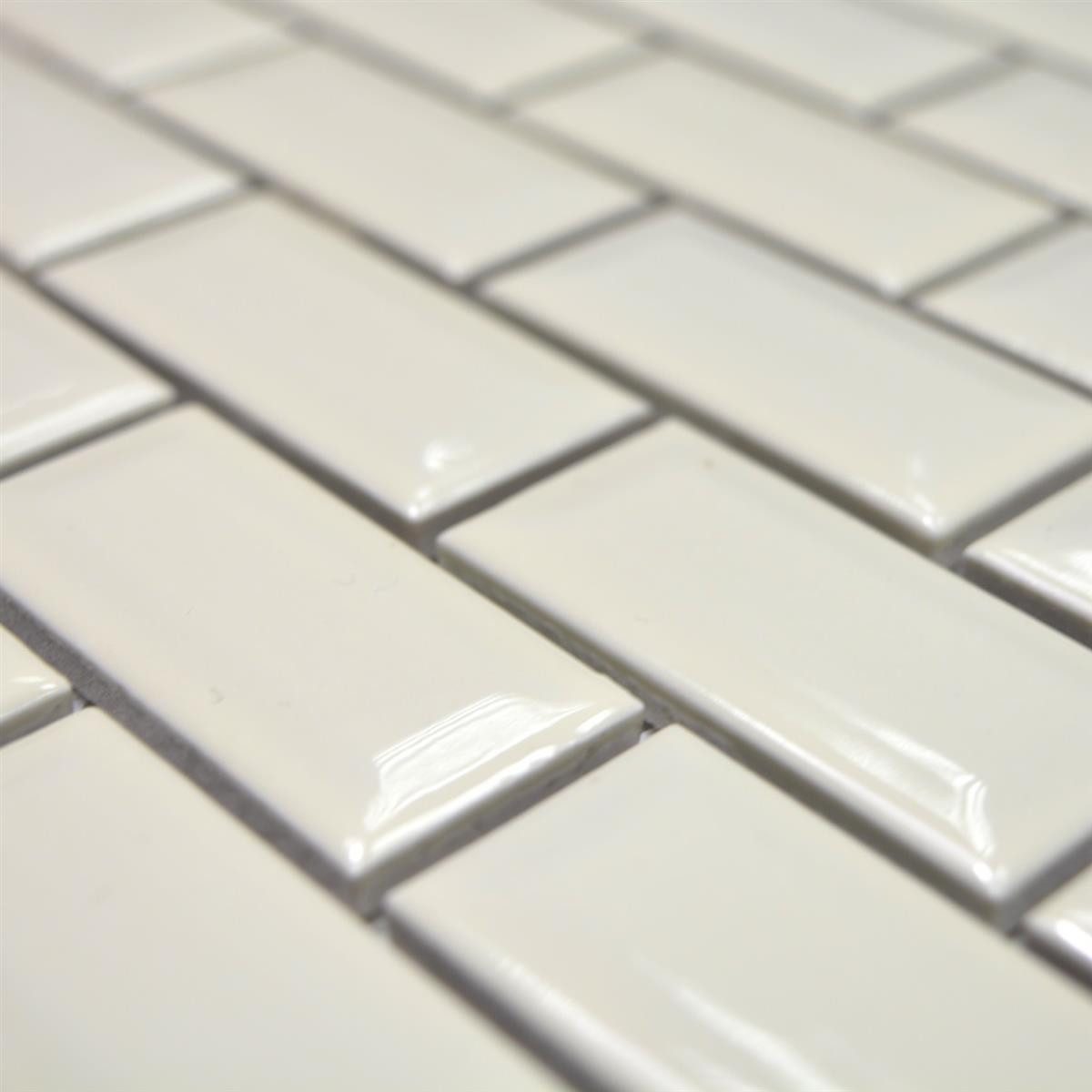 Mosafil Mosaikfliesen Keramik Metro Mosaikfliesen Baltimore Facette Elfenbein Glänzend, Keramik 30.000x30.000, elfenbein, Verlegefertig auf ein Netz geklebt - Frostsicher - Wasserfest