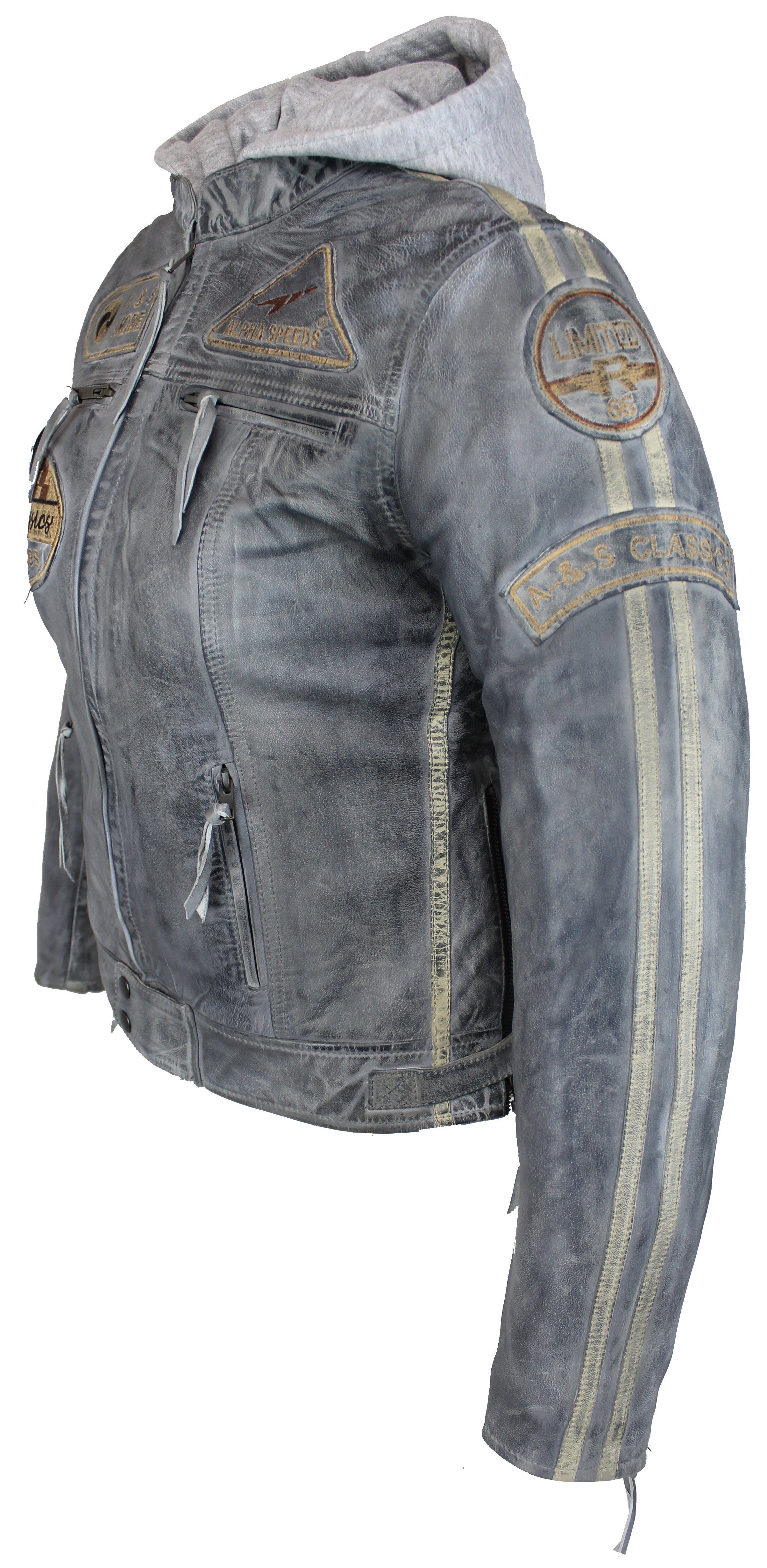 Alpha Speeds Motorradjacke einem weichem inklusive trennbaren (mit aus Grau Protektoren Lederjacke Kapuze) einem Freizeit Highway Jacke Biker Damen Lammleder