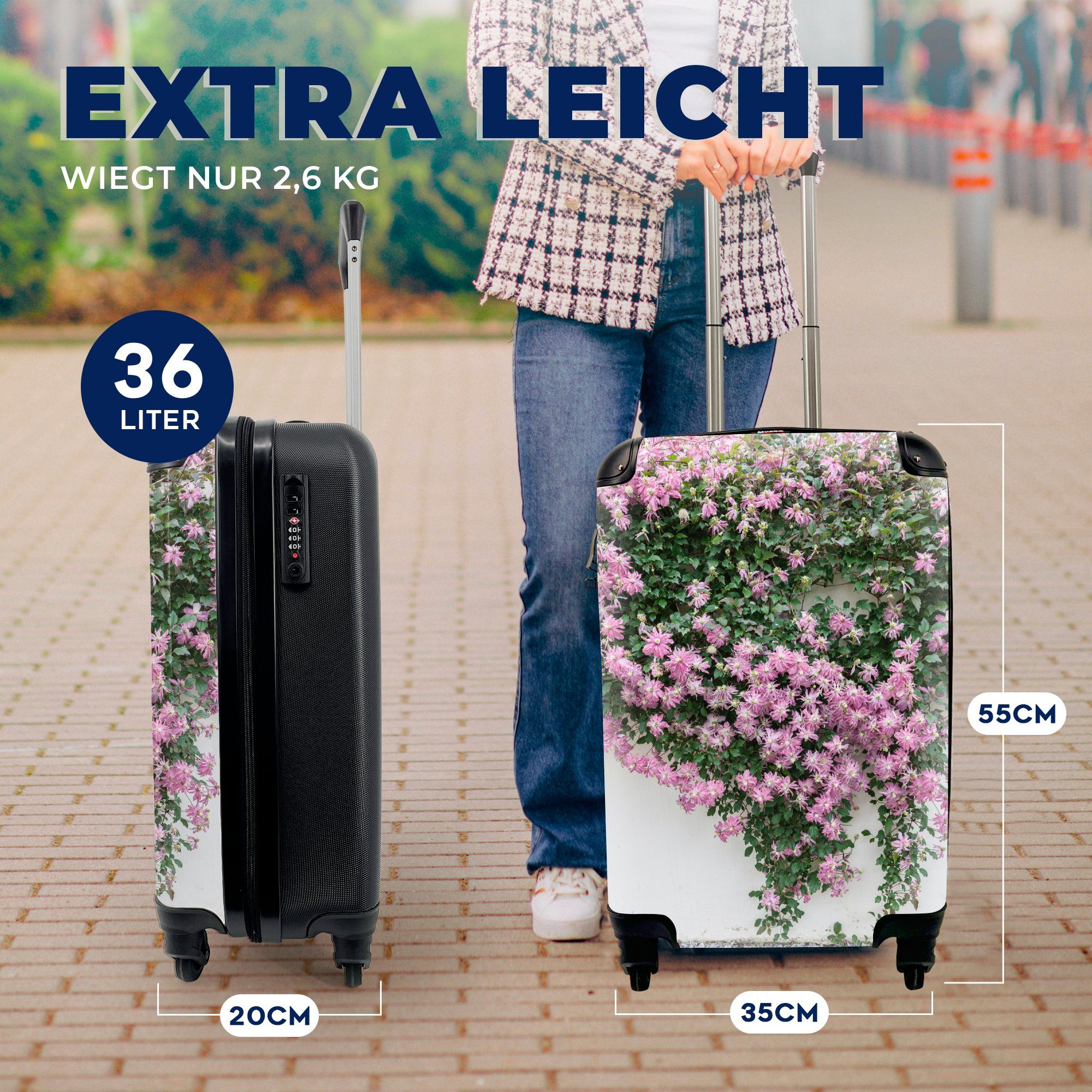 MuchoWow Handgepäckkoffer Blüten, Trolley, 4 rosa Handgepäck Reisetasche Schlingpflanze mit Ferien, Reisekoffer rollen, Rollen, für mit