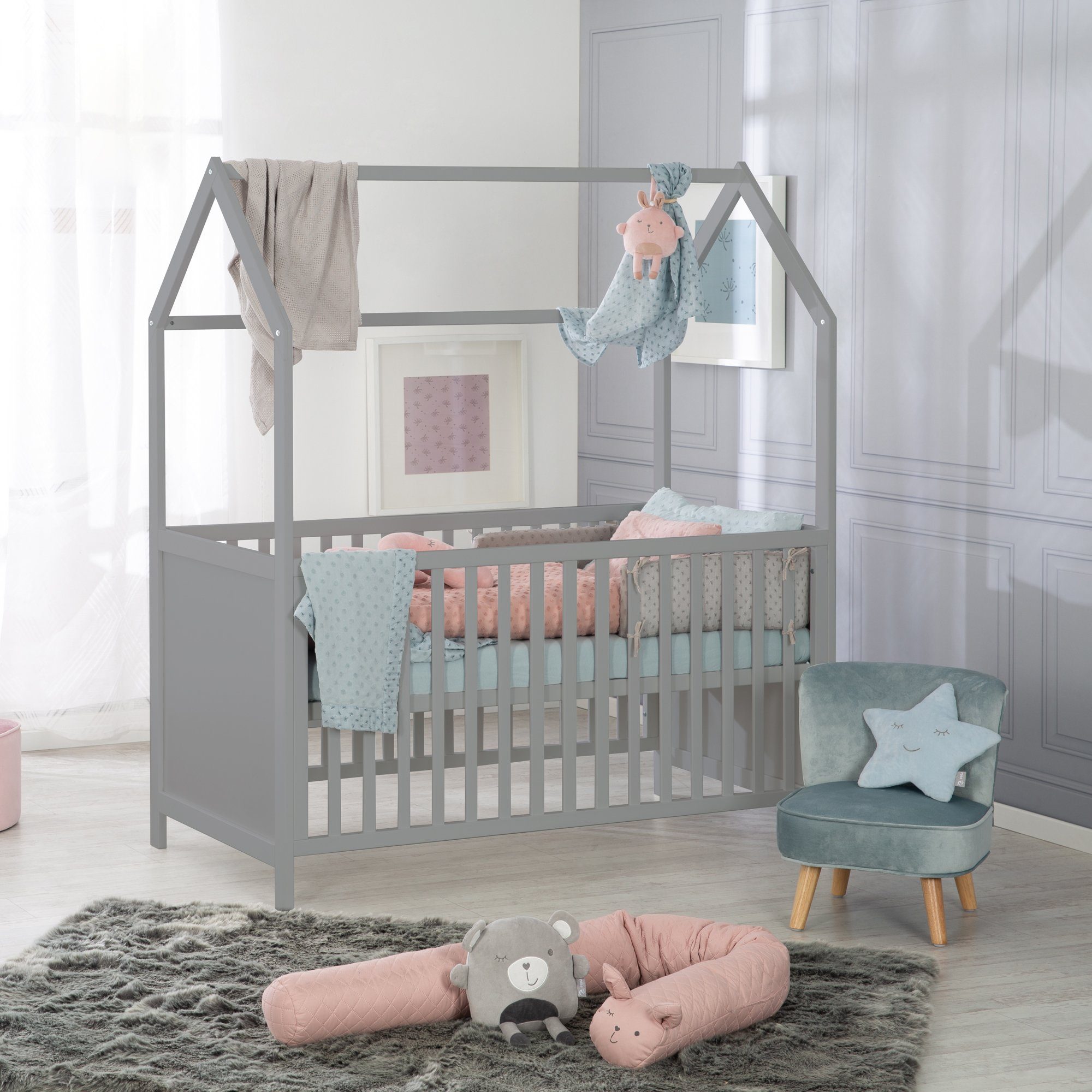 roba® Babybett Hausbett 70 x 140 cm, Babybett in Hausoptik, höhenverstellbar, Umbaubar zum Juniorbett – Bild 4 von 5