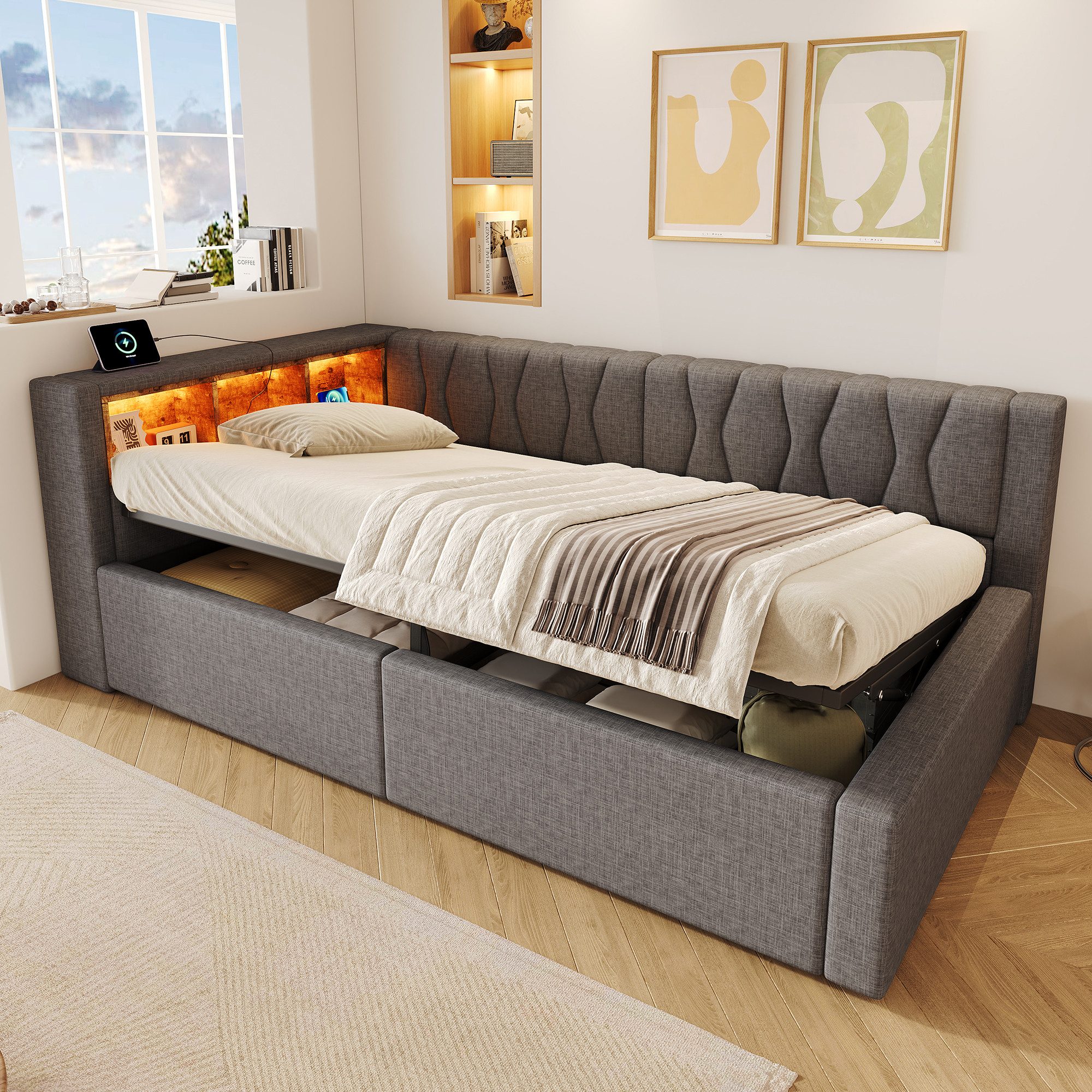 Ulife Daybett Tagesbett Schlafsofa mit dimmbarer LED‑Leiste und praktischem Regal, Hydraulische Lagerung mit USB‑Anschluss, 90 x 200 cm