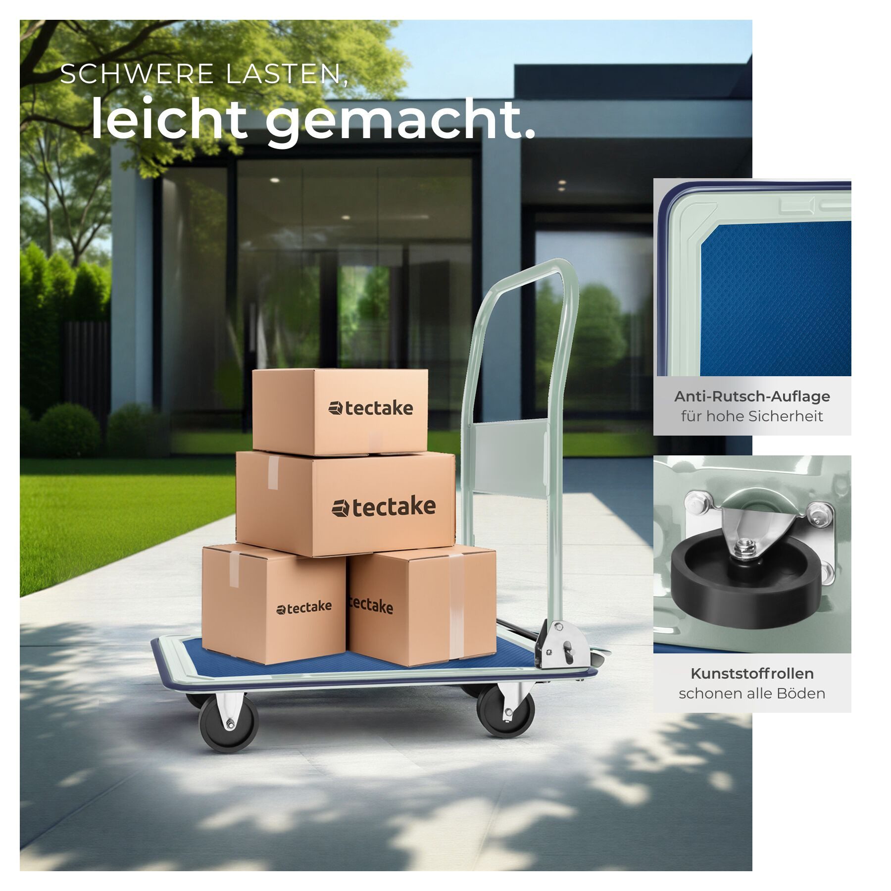 tectake Transportwagen Plattformwagen mit Ladefläche 73 x 47 cm, bis 150 kg belastbar, (Transportwagen, in weiß), Klappgriff, 2 Block-/2 Drehrollen, rutschfeste – Bild 4 von 5