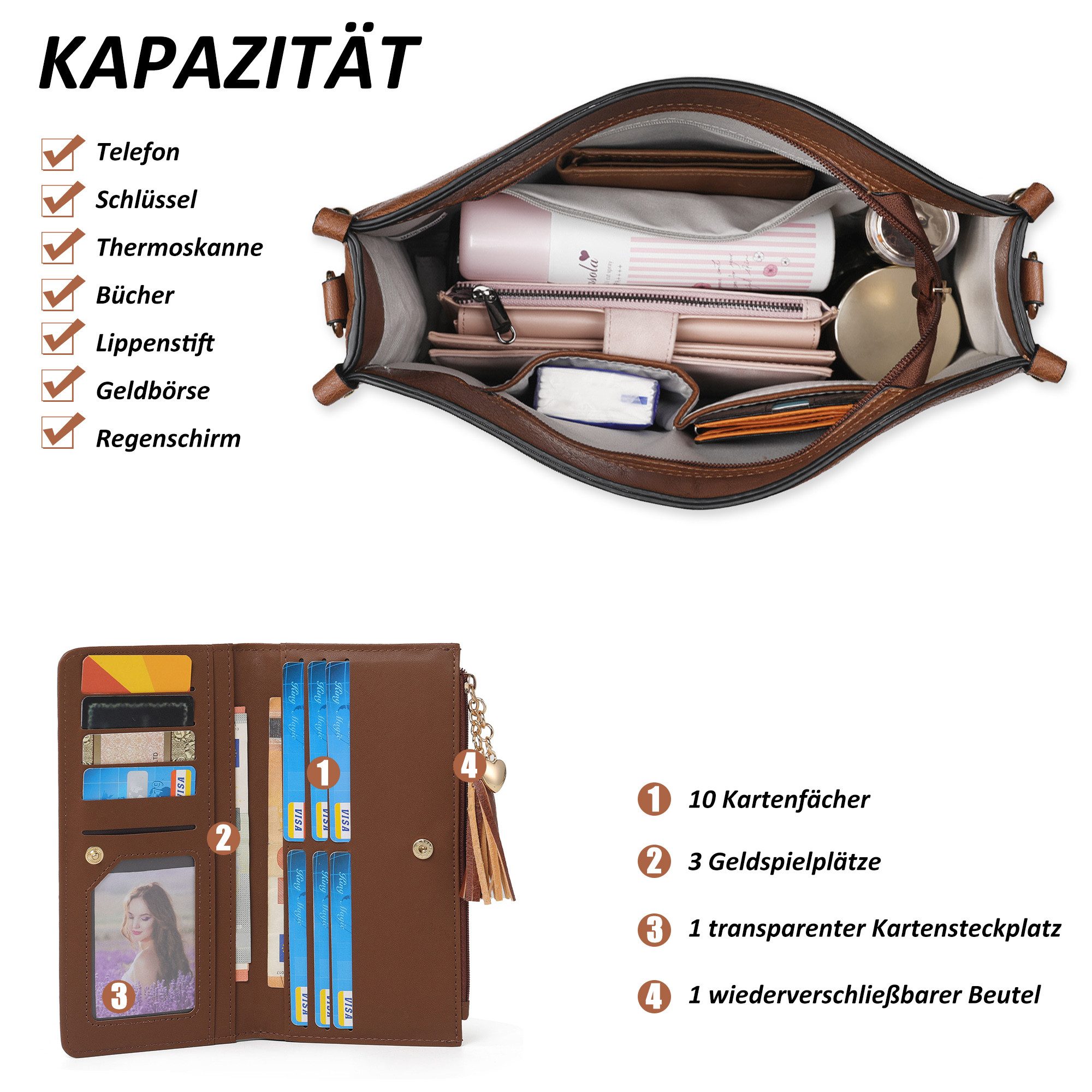 TANTOMI Umhängetasche Damen Handtasche mittelgroß Crossbody Bag Mit Geldbörse, Damen Tasche mit Verstellbar Breitem Schultergurt – Bild 3 von 5