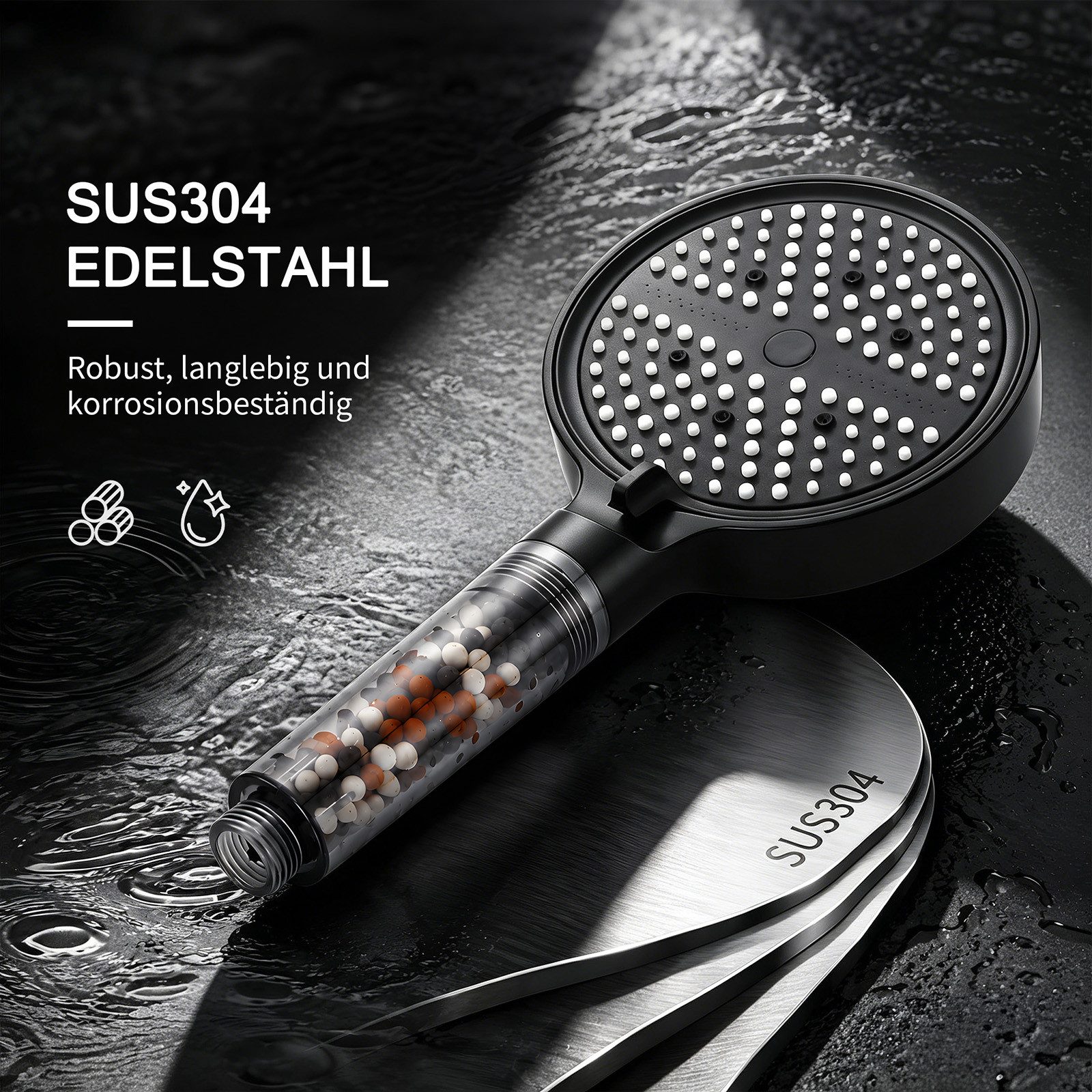 HOMELODY Duschsystem Badewannenarmatur mit Duschset schwarz höhenverstellbar 6 Strahlarten, SUS304 Edelstahl Wannenarmatur mit Handbrause Filter und Ablage – Bild 3 von 5