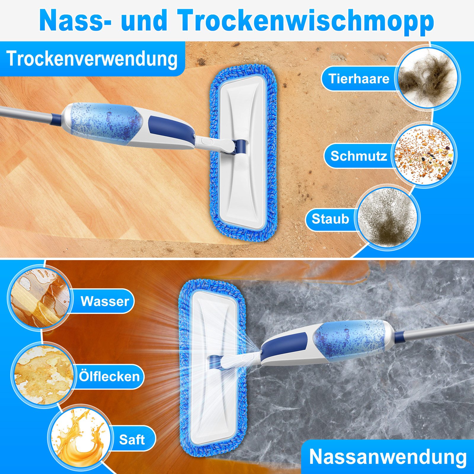 HUGERSTONE Sprühwischer Wischmopp mit 550ml Wassertank, Bodenwischer mit Sprühfunktion, Blau (360 Grad Rotierender Wischmopp für alle Böden) Nass und Trockenwischer mit 3 Waschbaren Mikrofaser Pads