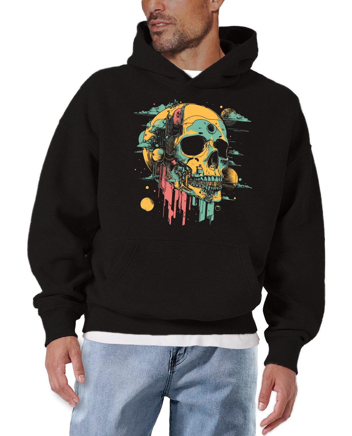 MAKAYA Kapuzenpullover Herren Hoodie mit Totenkopf Design – Cooler Pulli mit Aufdruck (Schwarz, S, M, L, XL, XXL, XXXL, XXXXL) Baumwolle