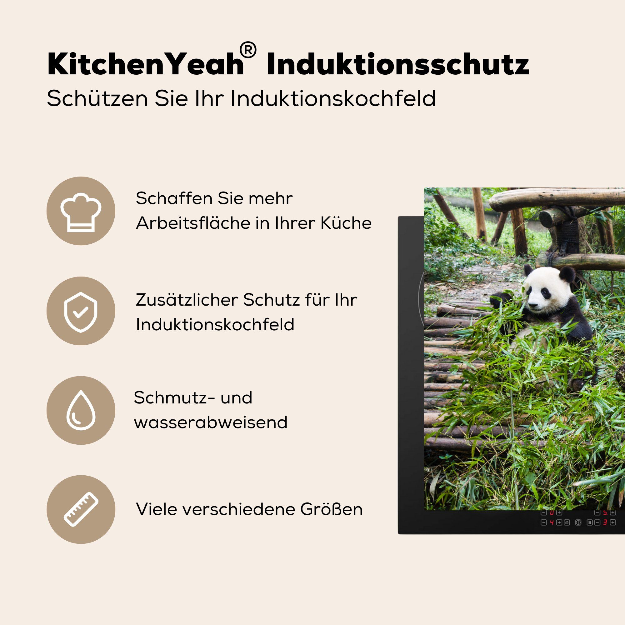 cm, - Schutz (1 MuchoWow küche, Induktionskochfeld für Herdblende-/Abdeckplatte Pandas 81x52 Ceranfeldabdeckung Vinyl, die tlg), Blätter, - Bambus
